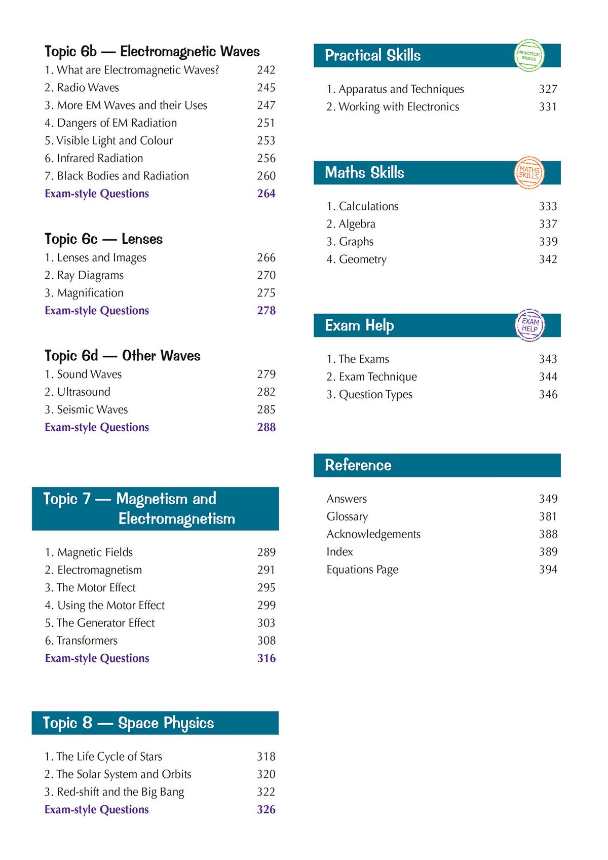Sample page explaining the particle model of matter with colour diagrams showing solids, liquids and gases, plus an exam tip box