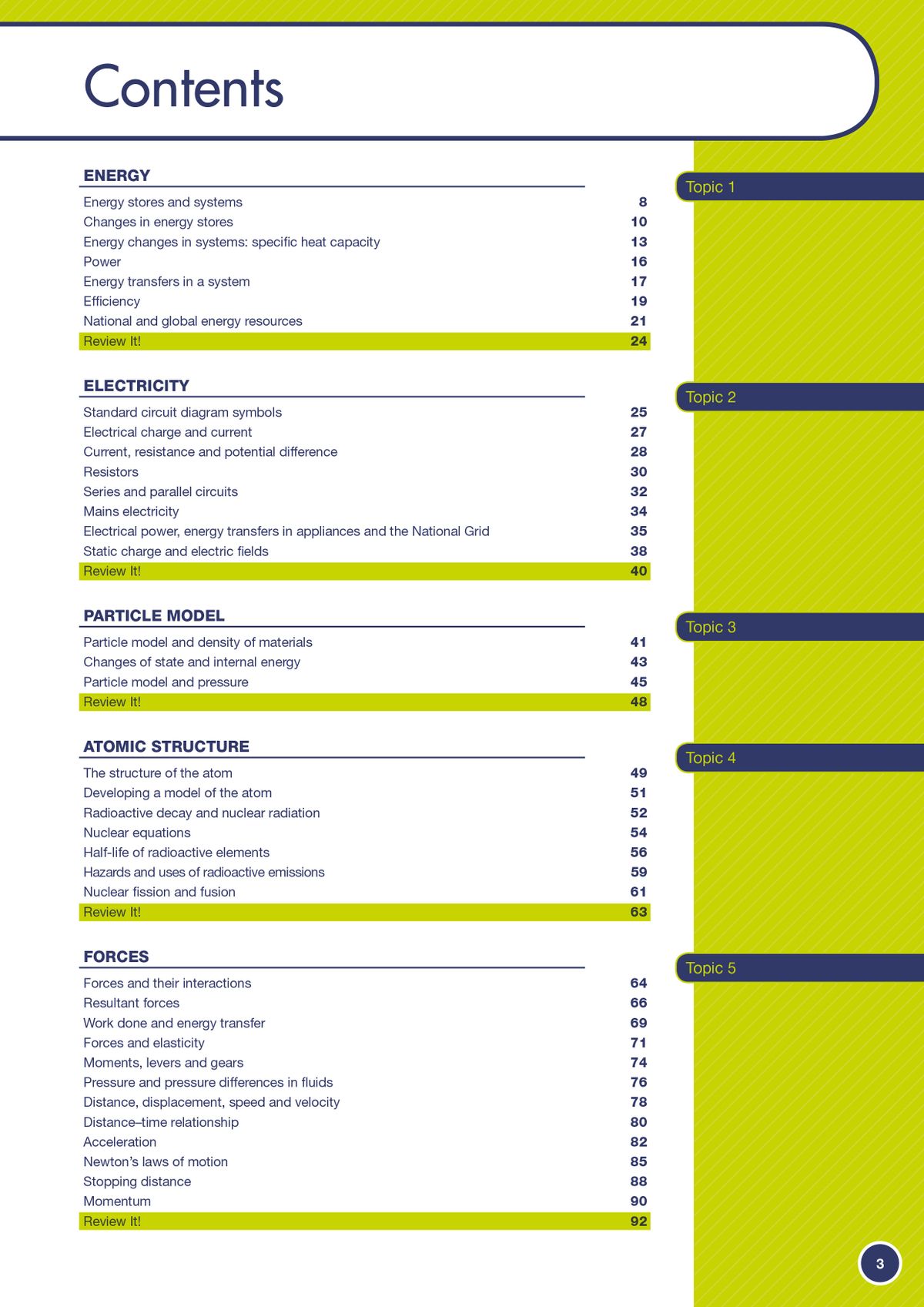 Contents page showing GCSE Physics topics including Energy, Electricity, Particle Model, Atomic Structure and Forces