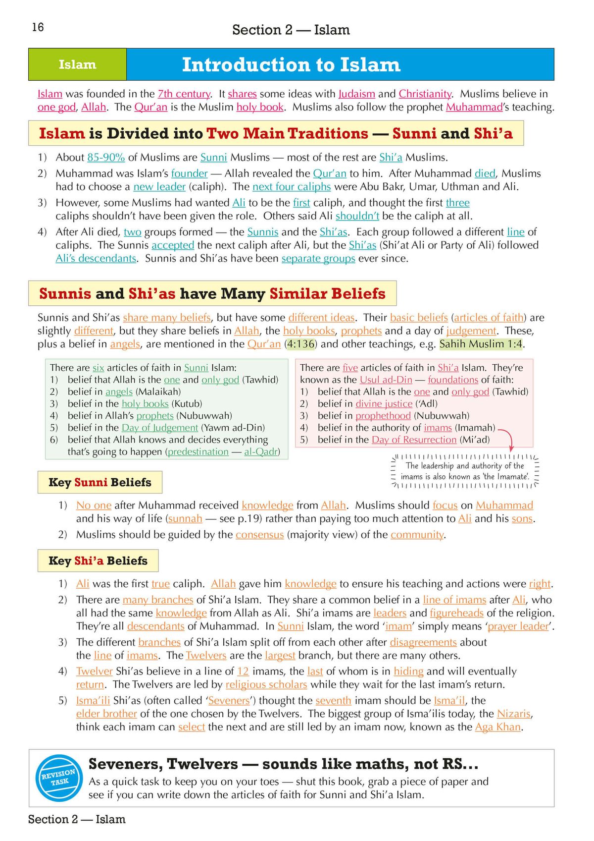 Sample inside pages showing Islam content with key beliefs and traditions