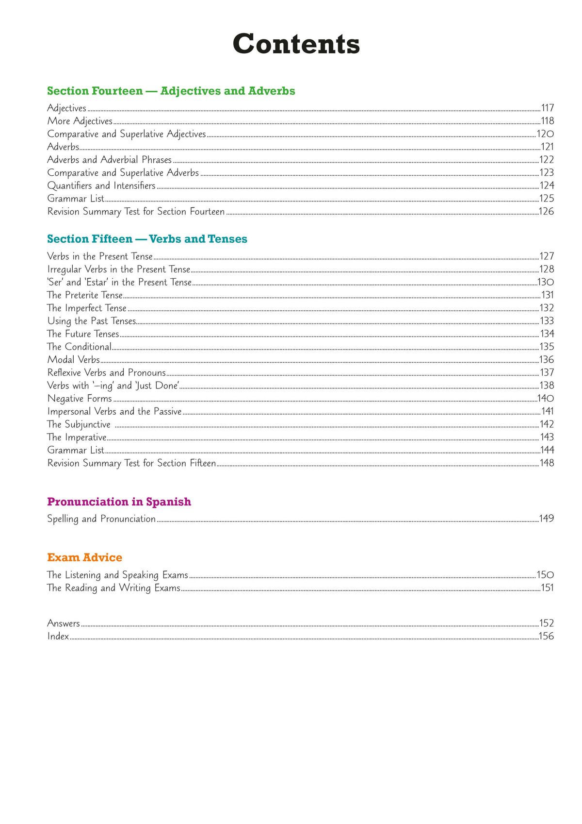 Grammar contents showing sections on Adjectives, Adverbs, Verbs and Tenses, plus Pronunciation and Exam Advice