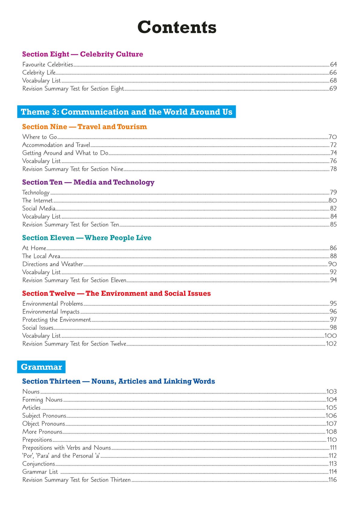 Contents page showing thematic sections including Celebrity Culture, Travel and Tourism, and Grammar topics