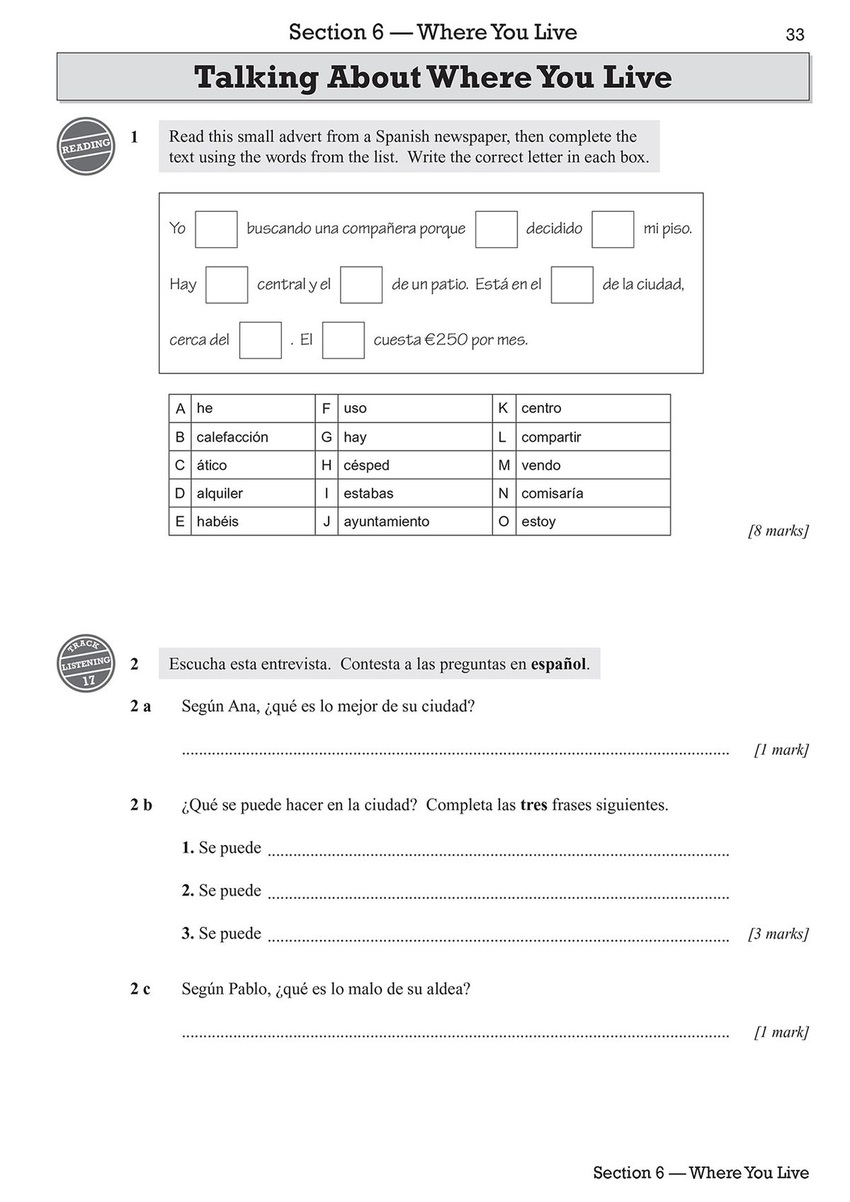 Sample page showing reading comprehension and gap-fill exercises