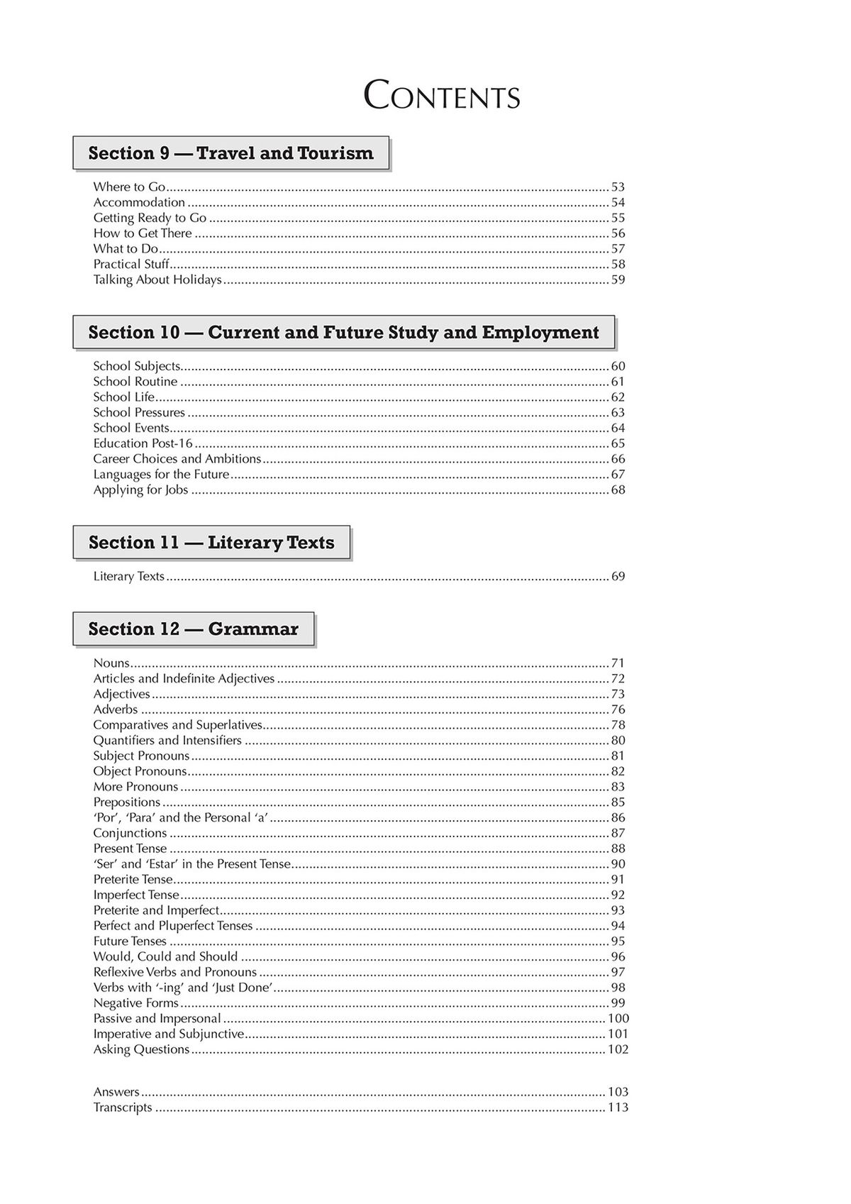 Contents page listing all sections from travel to grammar