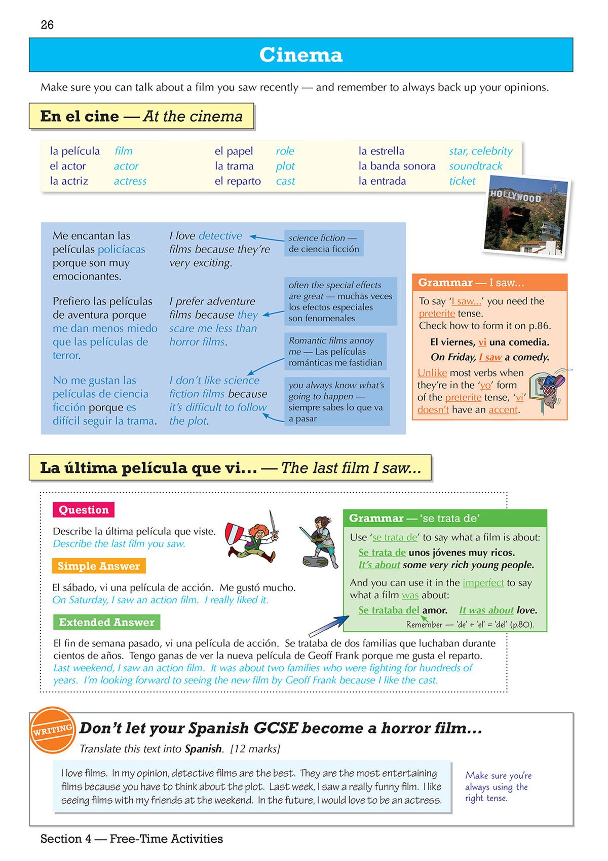 Interior page showing example GCSE Spanish vocabulary and grammar explanations