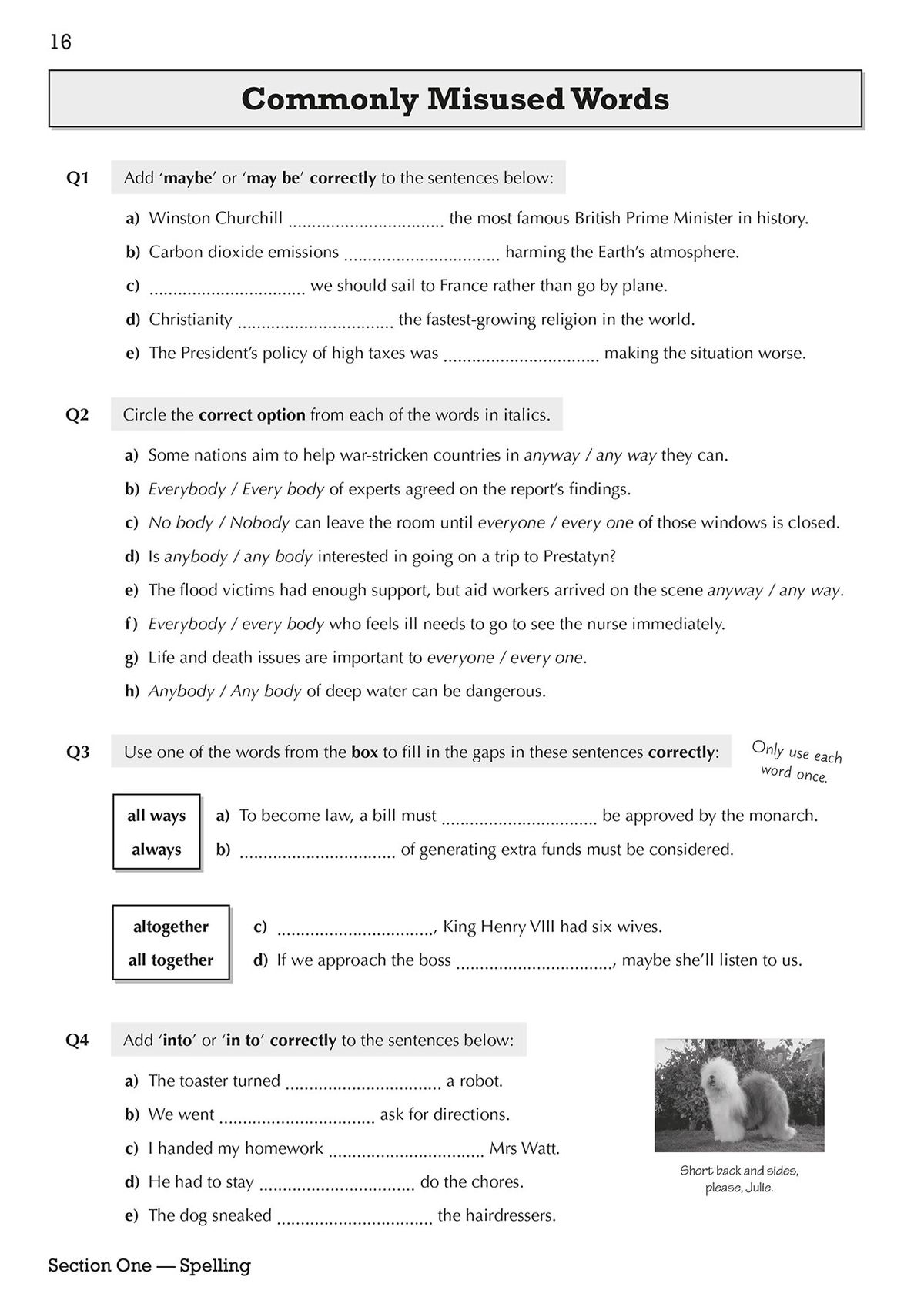 Sample page from the workbook showing commonly misused words exercises with fill-in-the-gap questions