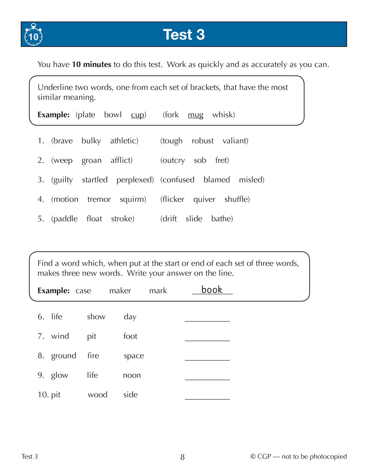 Sample test page showing synonym and word-linking questions with clear instructions