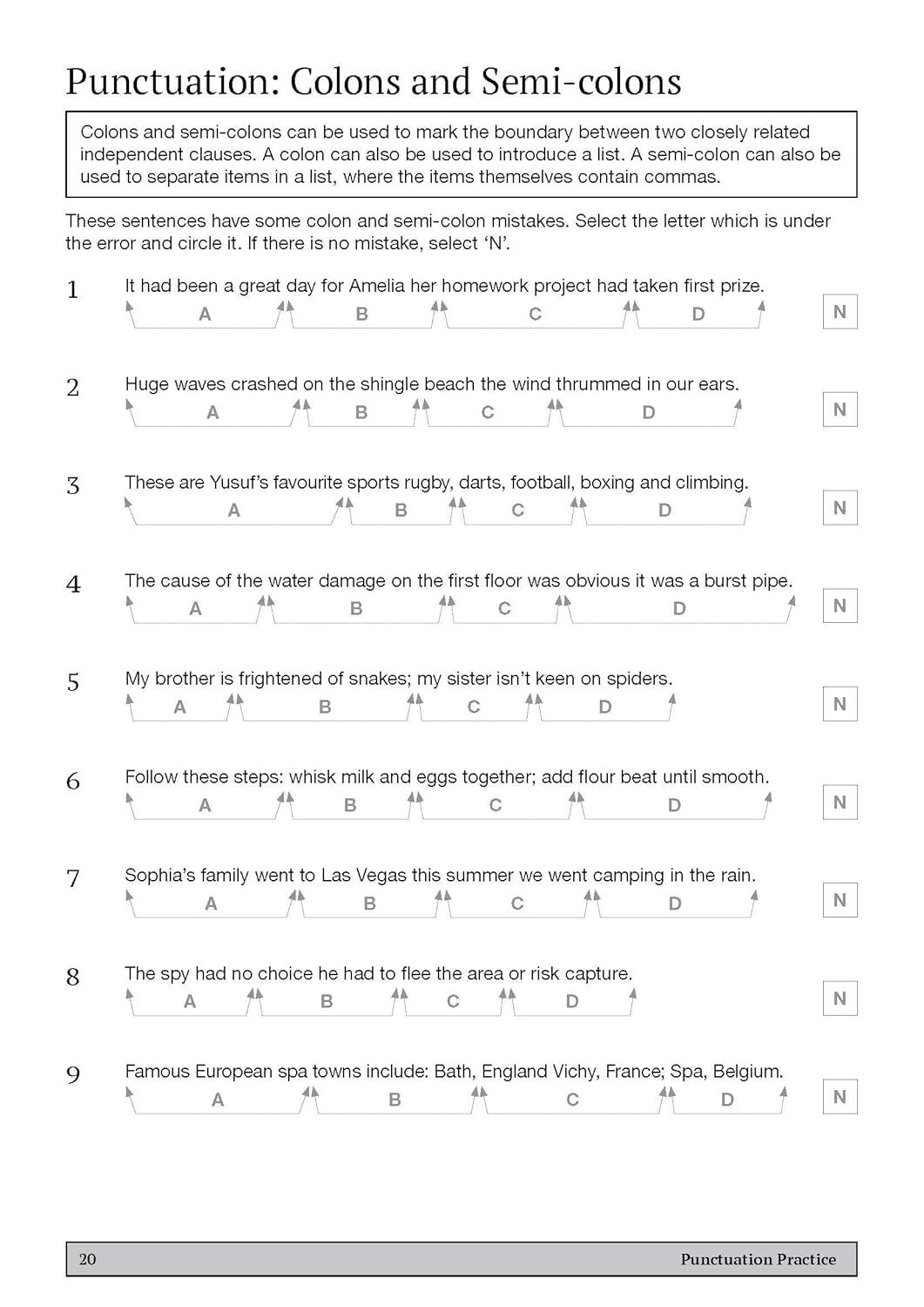 Sample punctuation practice page from the GL 11+ Comprehension Workbook