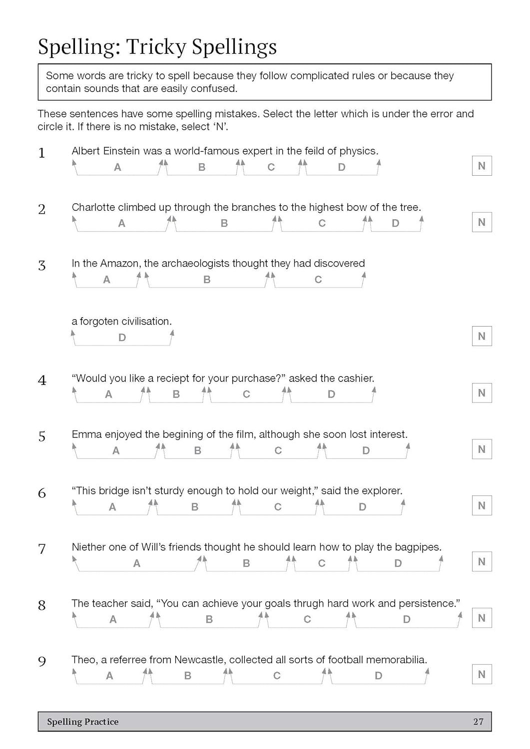Sample spelling practice page from the GL 11+ Comprehension Workbook