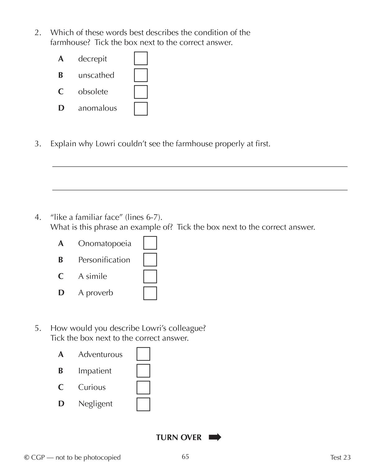 Sample comprehension test page showing vocabulary and inference questions