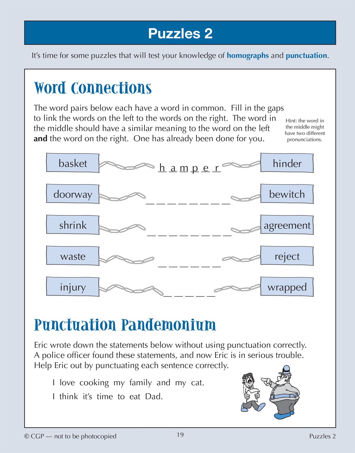 Puzzle page featuring word connection and punctuation challenges