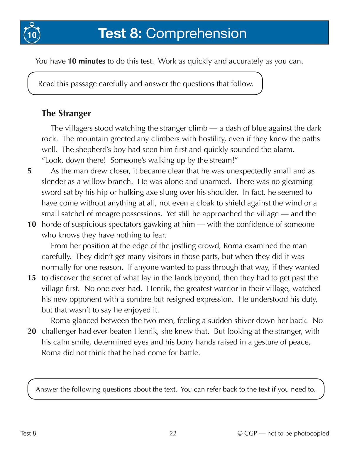Sample test page from GL 11+ English 10-Minute Tests displaying multiple-choice and short-answer questions on comprehension
