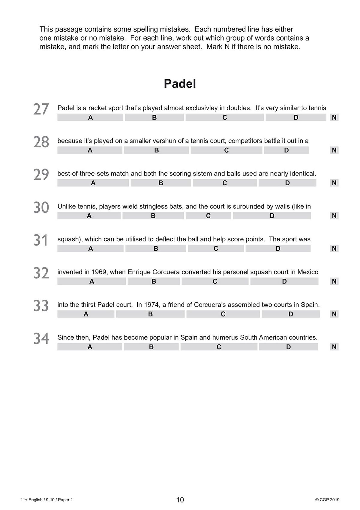 Spelling exercise from GL 11+ English practice paper showing a passage about Padel sport with error identification task