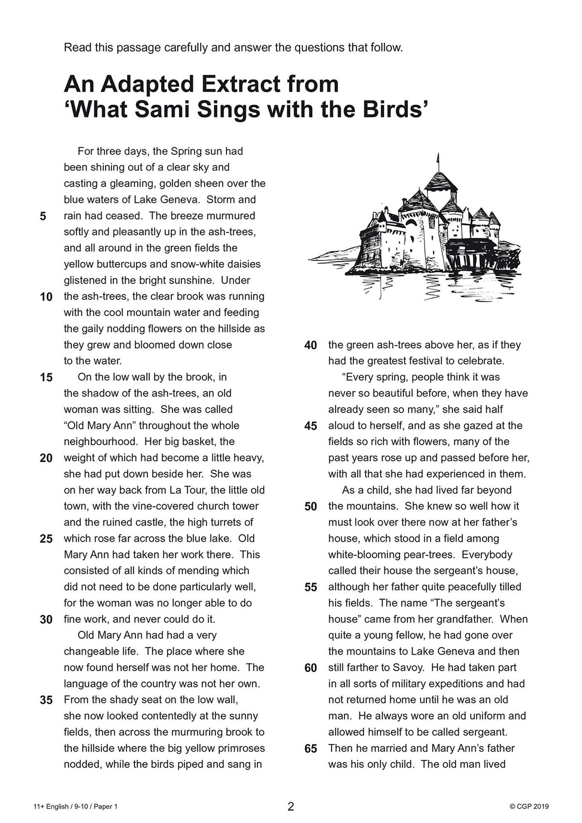Sample comprehension passage from GL 11+ English practice paper showing an adapted extract with questions