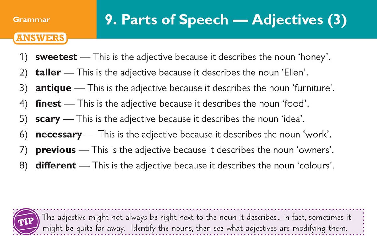 Answer side of a grammar card showing explanations for parts of speech