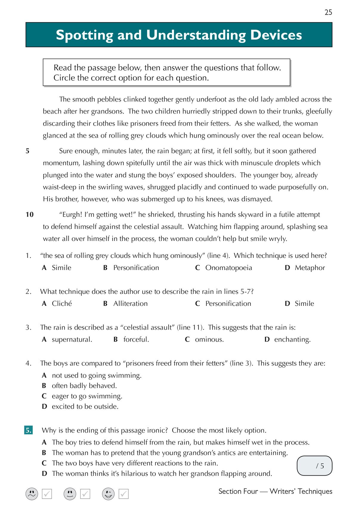 Sample page from the GL 11+ English Stretch Workbook showing a comprehension passage and multiple-choice questions on literary devices