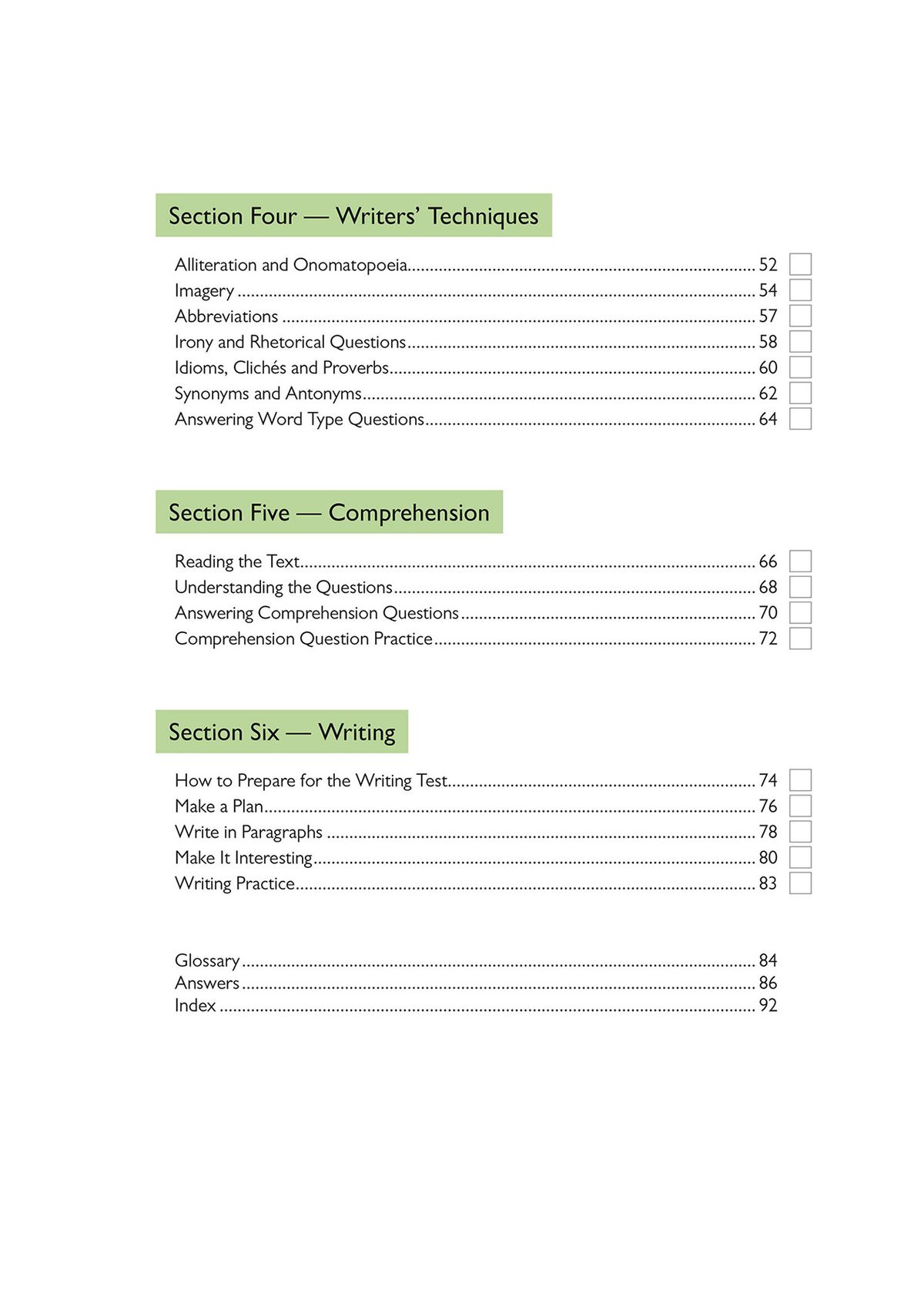 Writers' techniques section showing the table of contents for alliteration, imagery, abbreviations, irony and other language devices