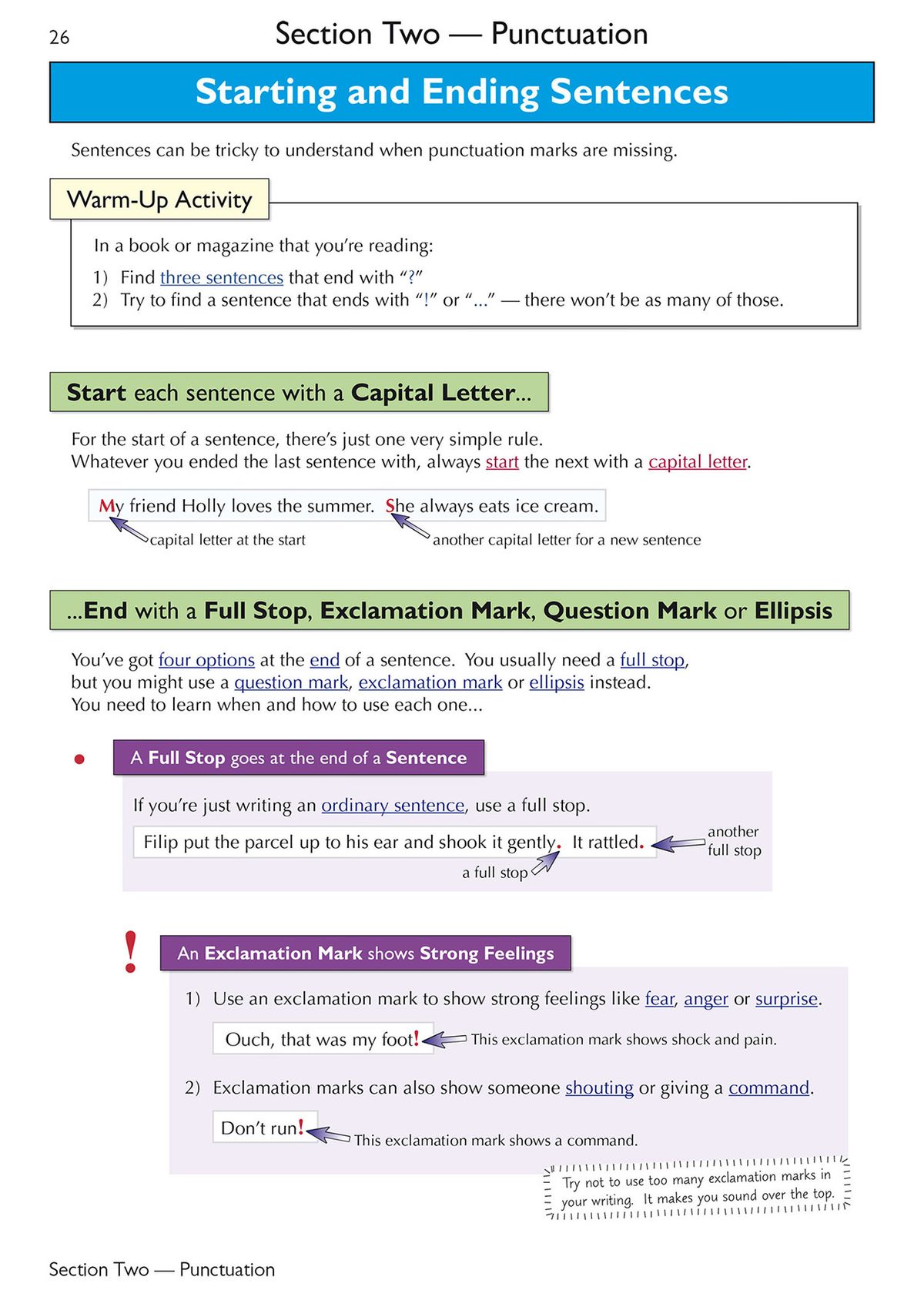Punctuation lesson page showing how to start and end sentences with capital letters, full stops, exclamation marks and question marks