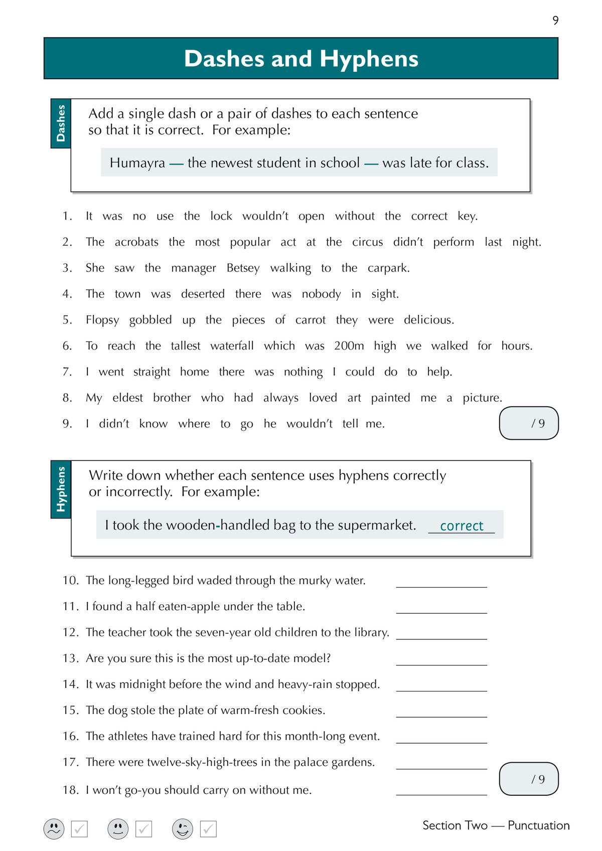 Dashes and hyphens practice questions with worked examples
