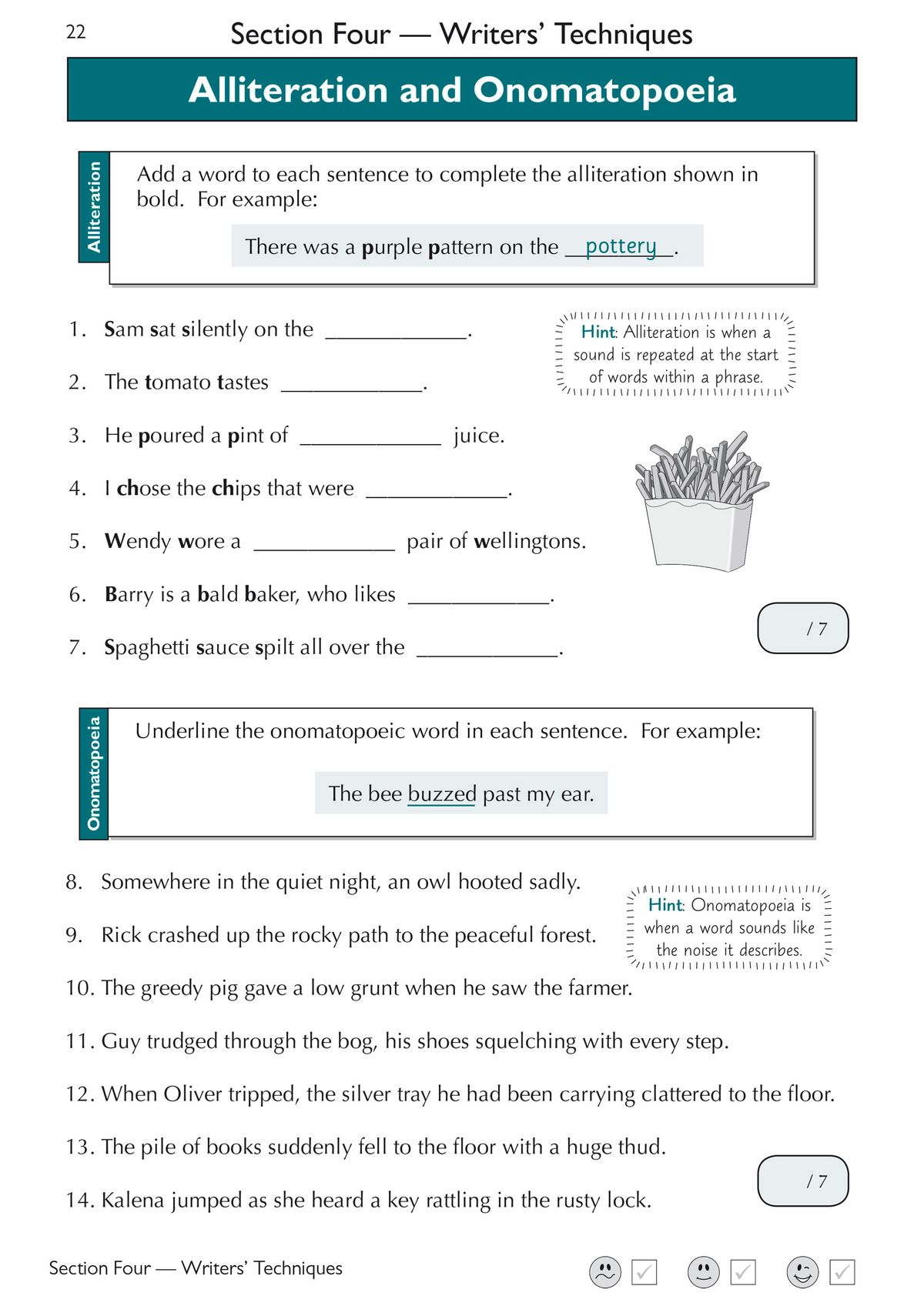 Sample page showing alliteration and onomatopoeia exercises from the GL 11+ English Workbook