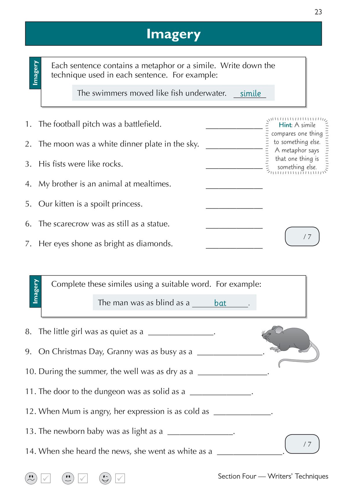 Sample page showing imagery and simile exercises from the GL 11+ English Workbook
