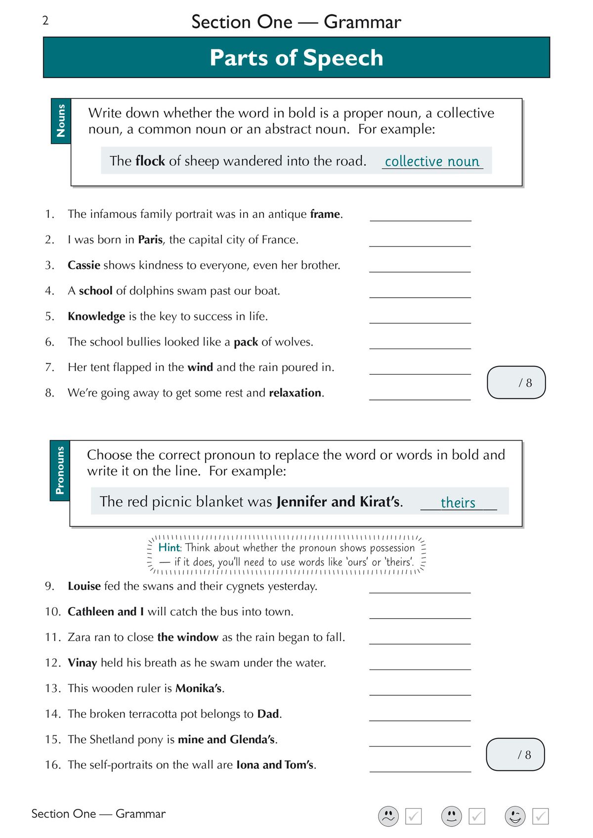 Sample grammar exercise page showing parts of speech and pronoun questions