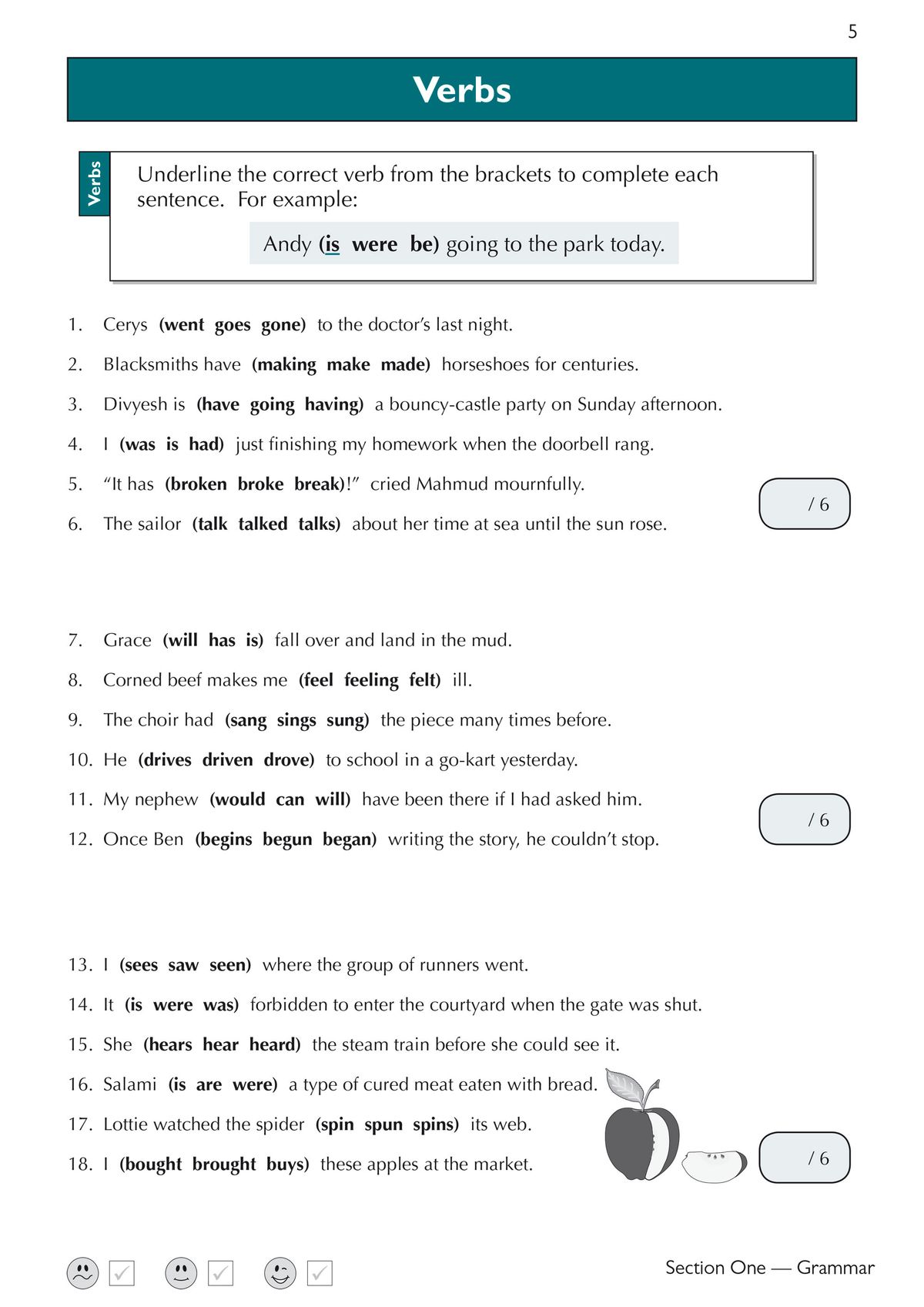 Sample verb exercise page with multiple-choice questions and visual examples
