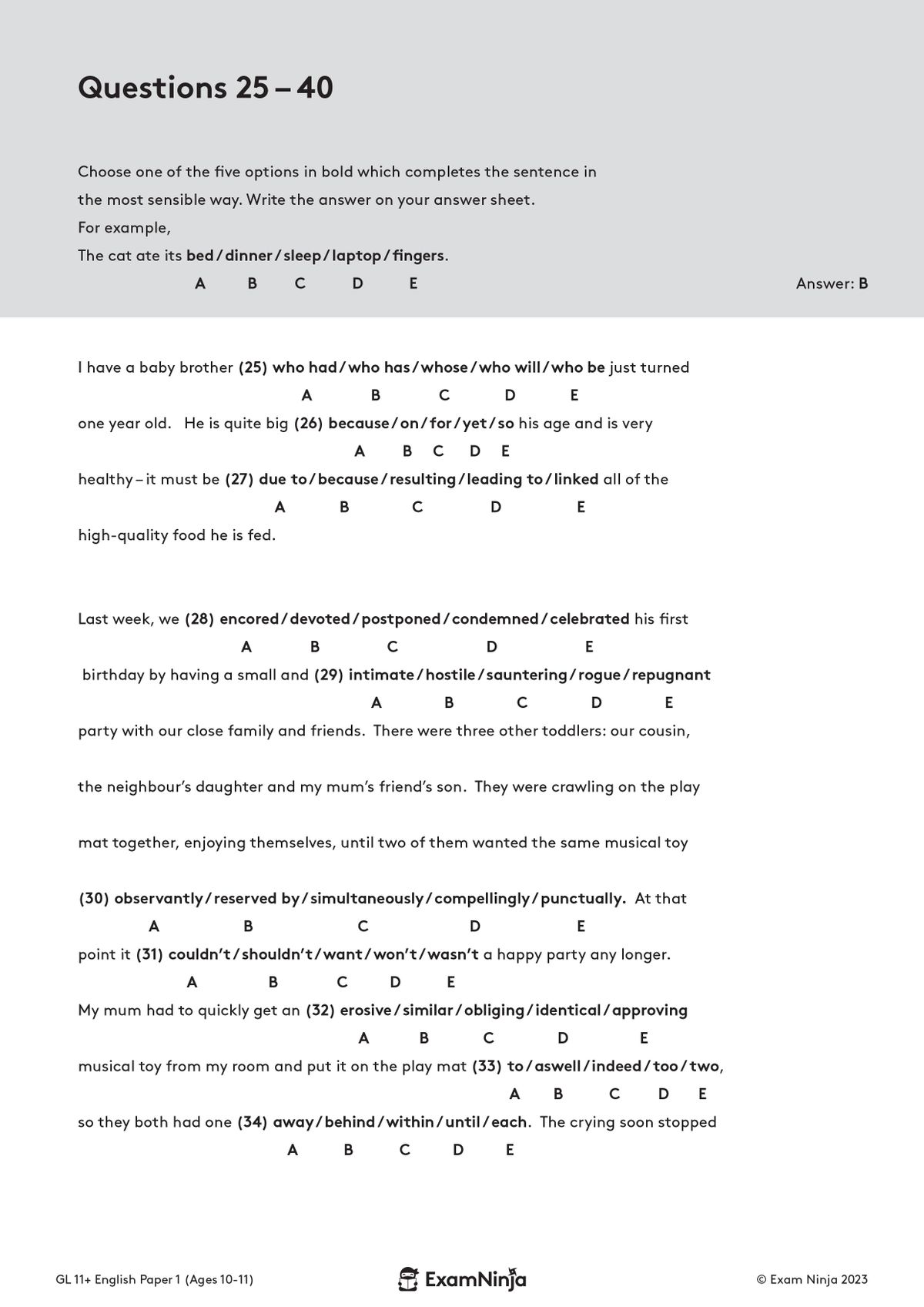 Sample English comprehension question page with cloze-style multiple-choice tasks