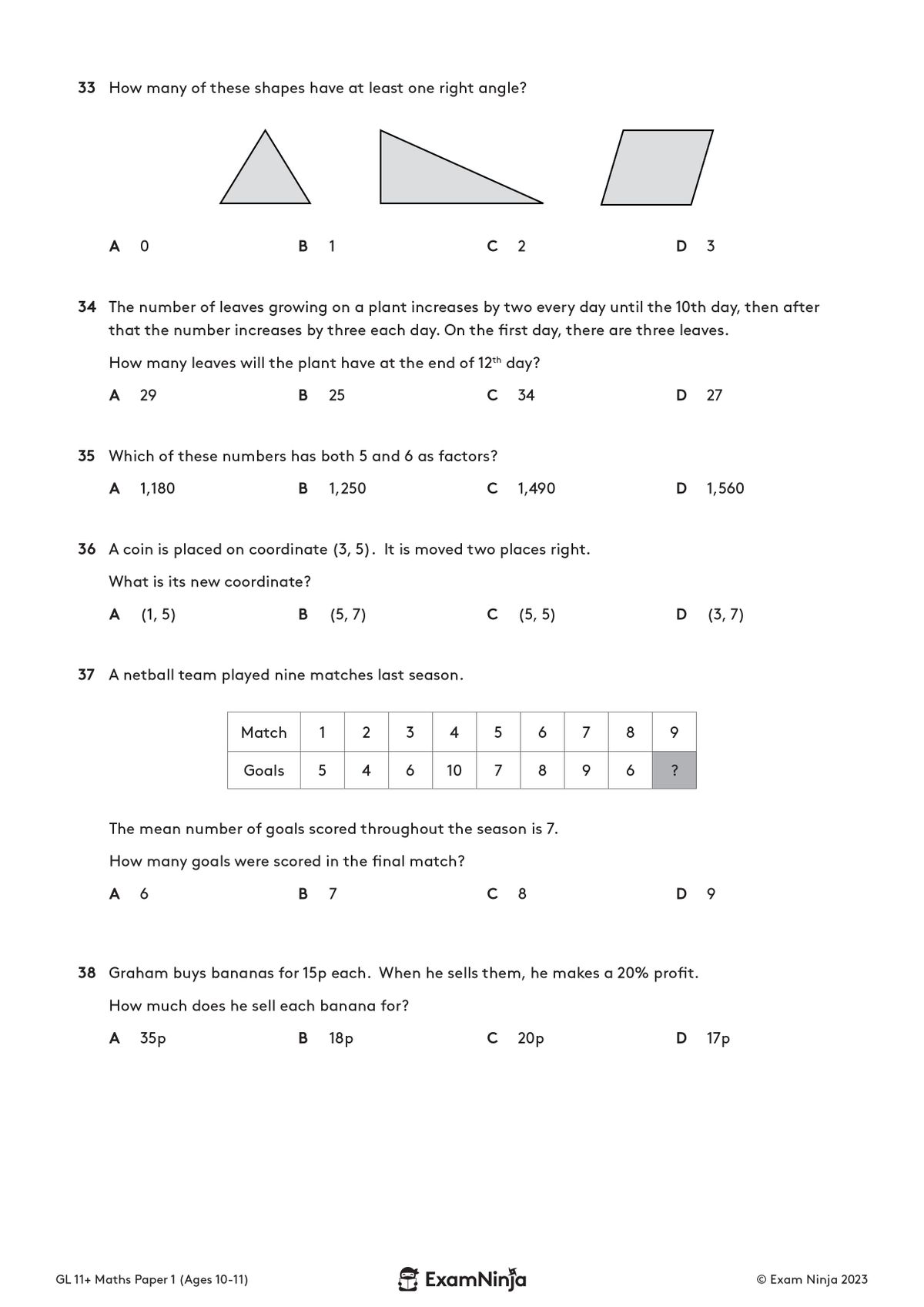 Sample maths question page showing multiple-choice problem-solving questions
