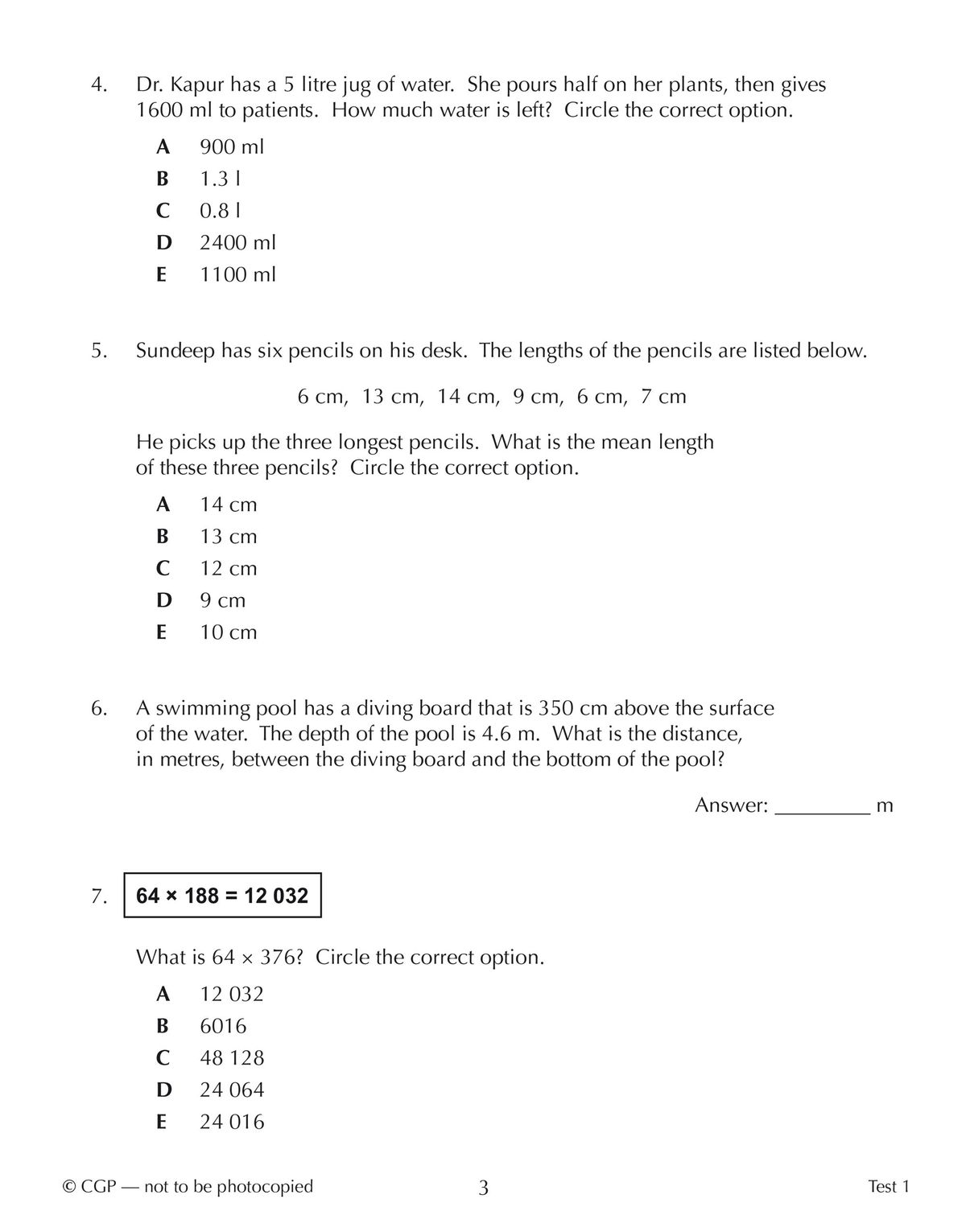 Sample test page showing multiple-choice maths questions including measures, mean calculation, and problem solving