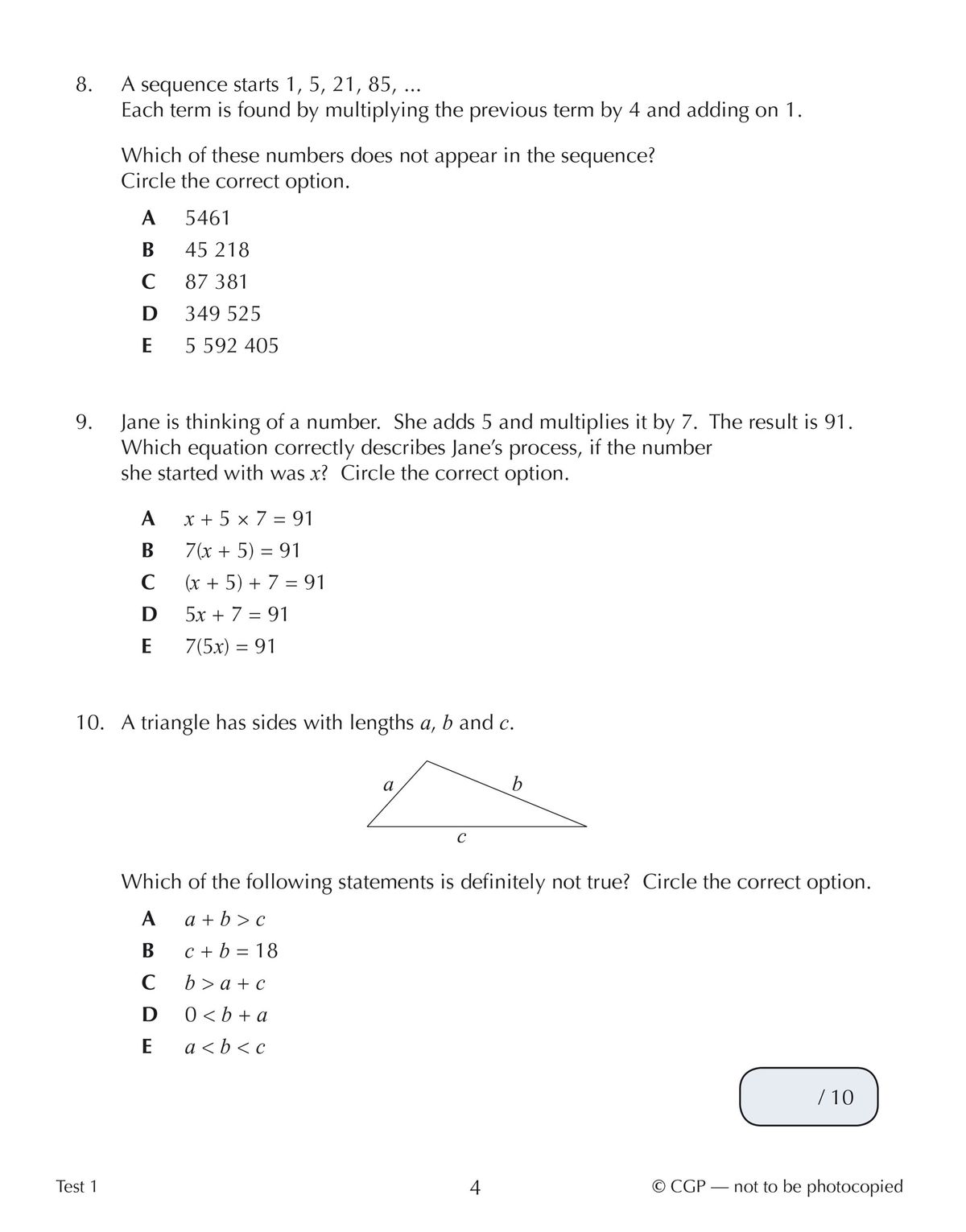 Test questions covering sequences, algebra, and triangle properties with multiple-choice answers