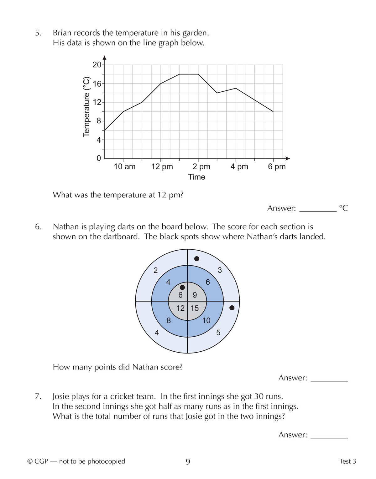 Sample test page showing line graph, dartboard scoring, and word problem questions