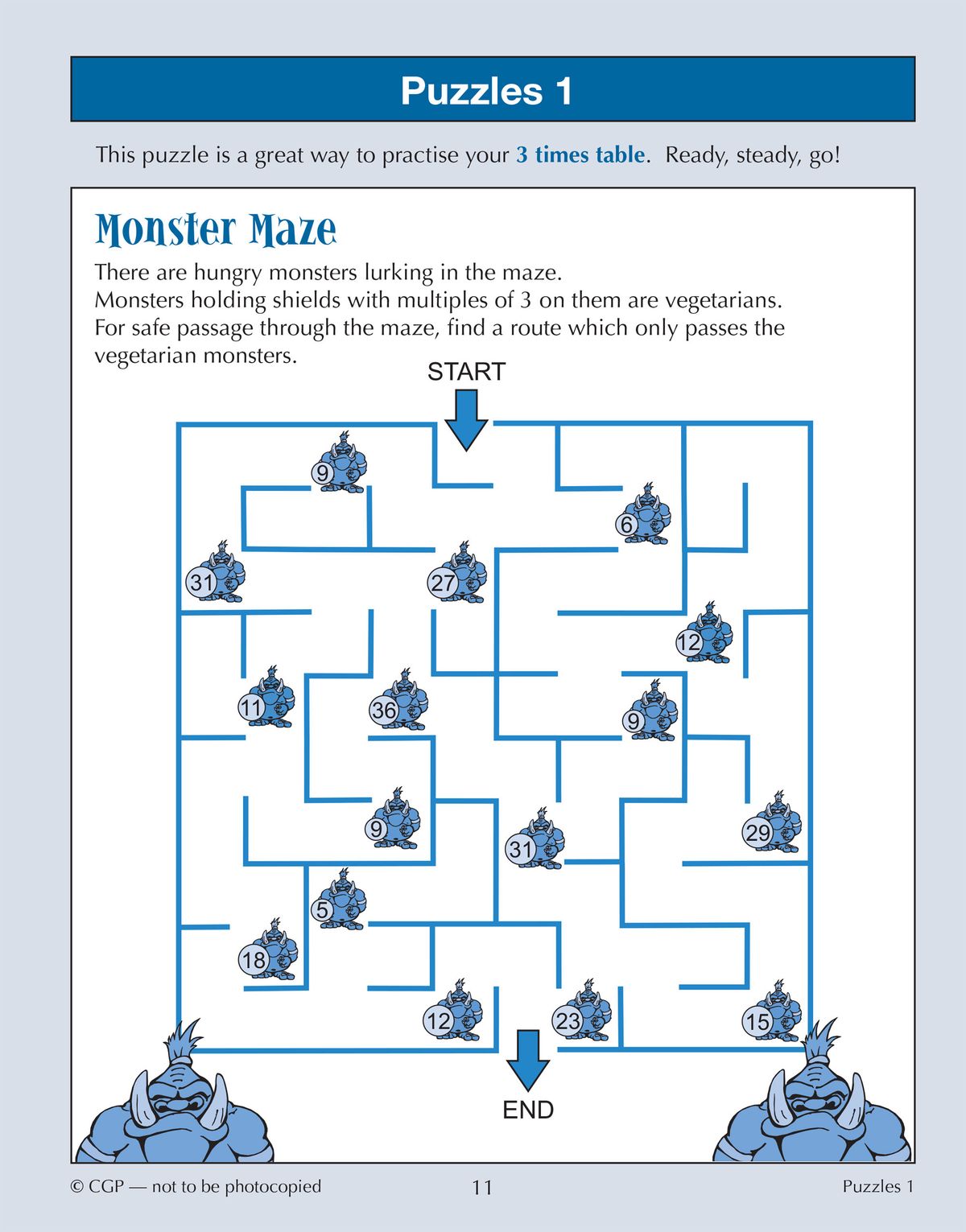 Sample page showing maths puzzle with monster maze and times-table challenge