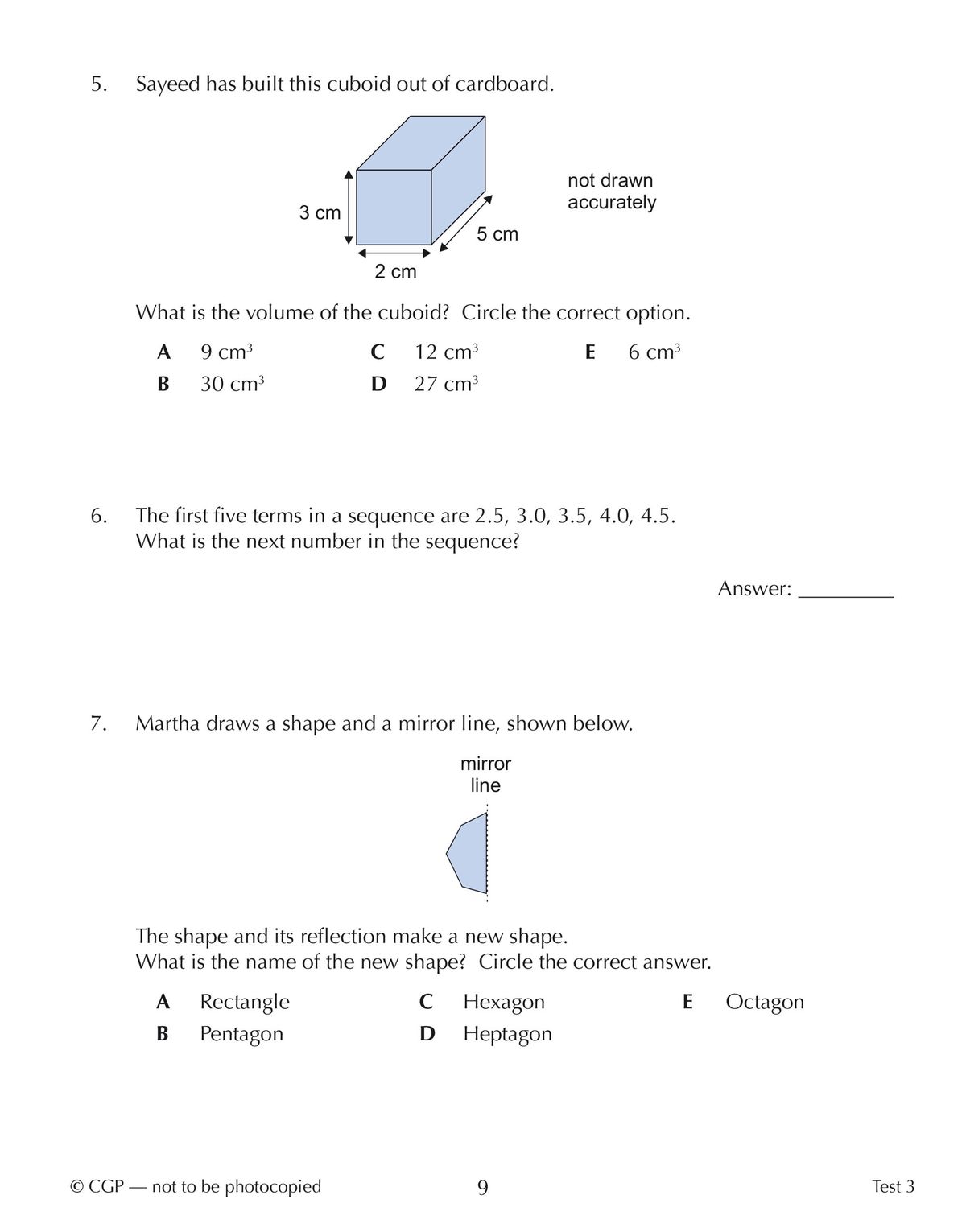 Sample test page showing maths questions including volume, sequences, and mirror shapes