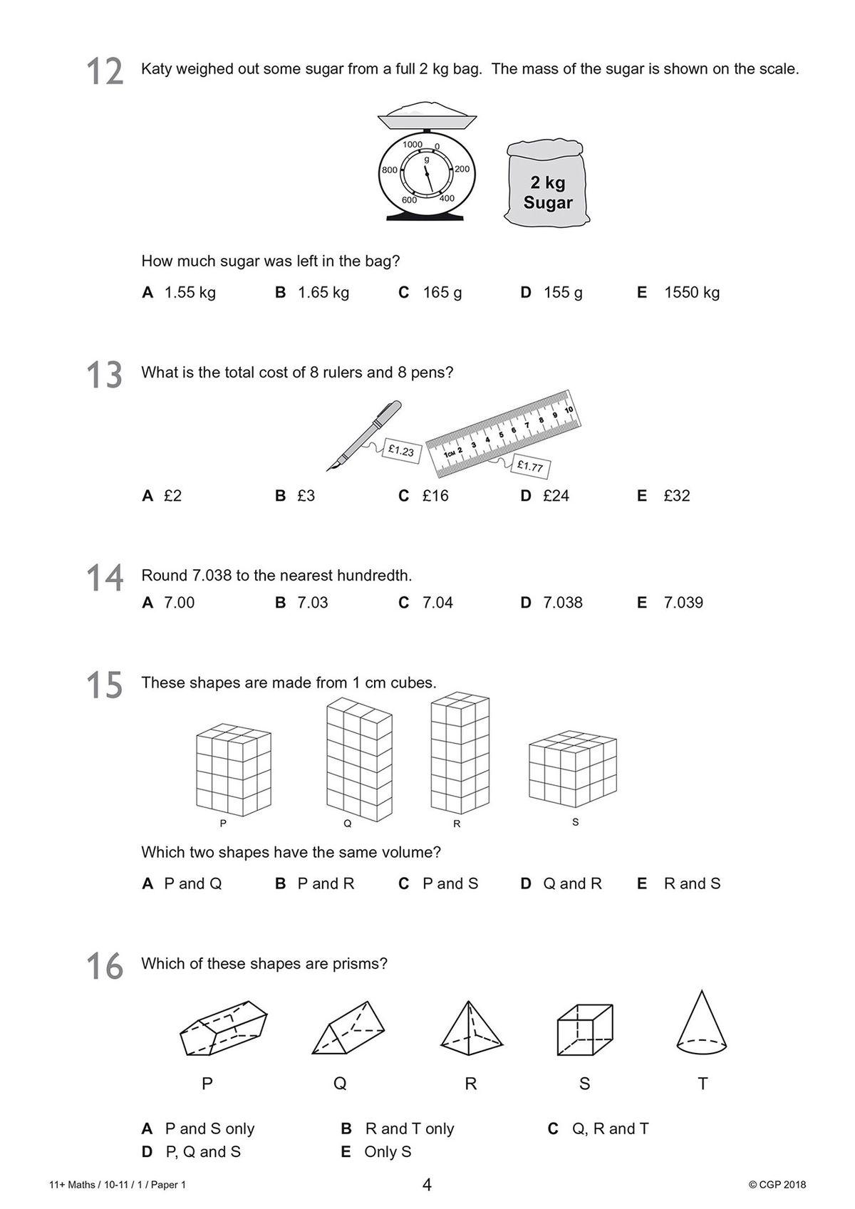 Sample questions from GL 11+ Maths practice paper showing measurement, money and geometry problems