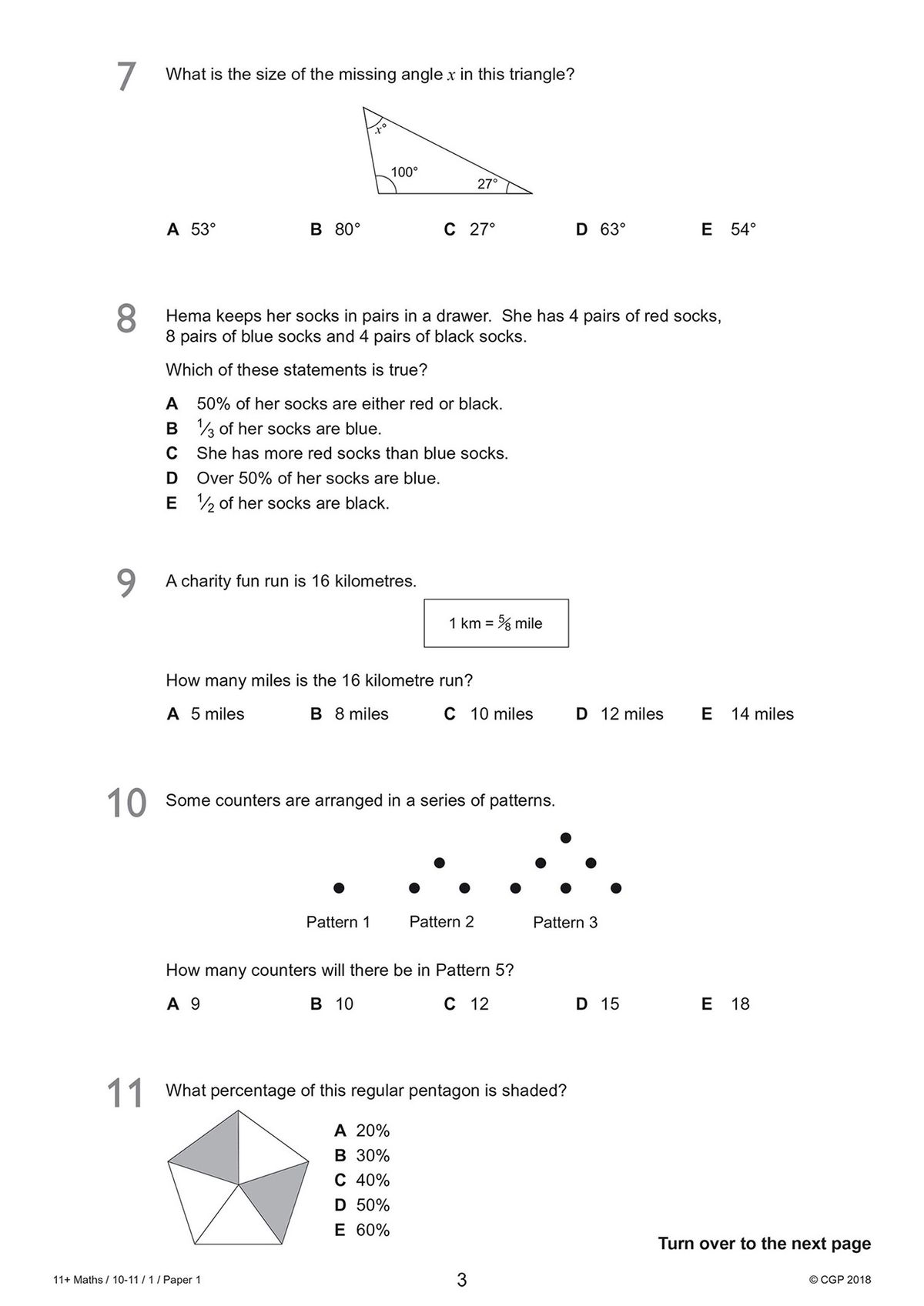 Sample GL 11+ Maths questions showing angles, fractions and pattern recognition