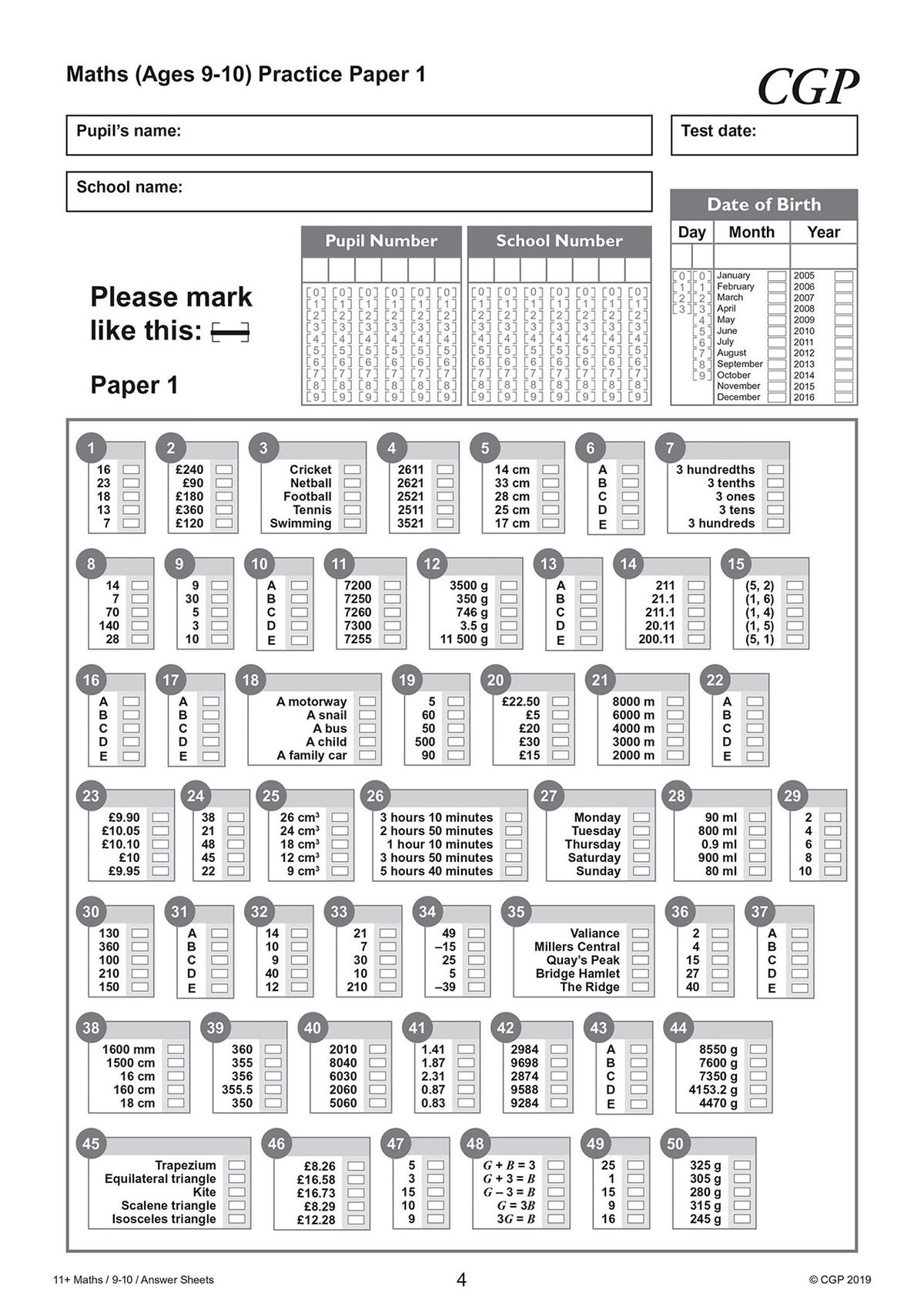 Answer sheet layout for GL 11+ maths practice paper showing multiple-choice bubble format and pupil details section