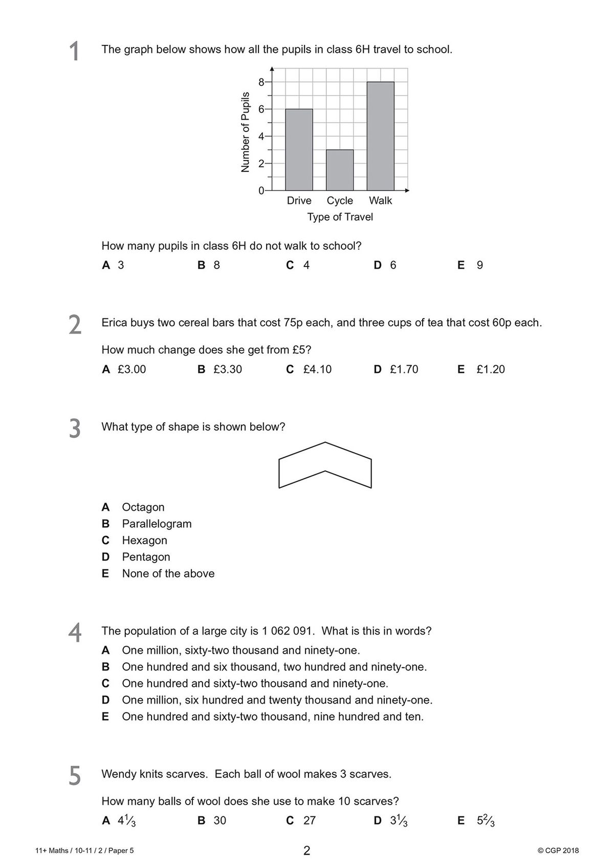 Further sample pages displaying GL 11+ maths questions on graphs, money problems, shapes and word problems
