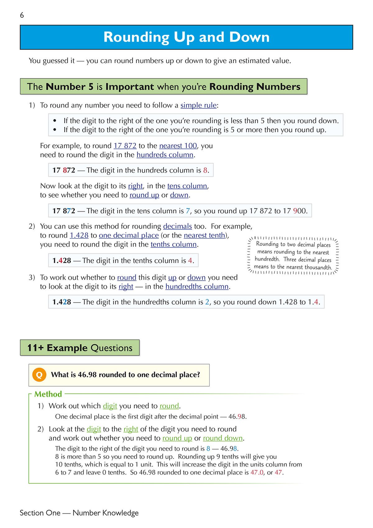 Sample pages showing clear explanations and worked examples on rounding numbers up and down