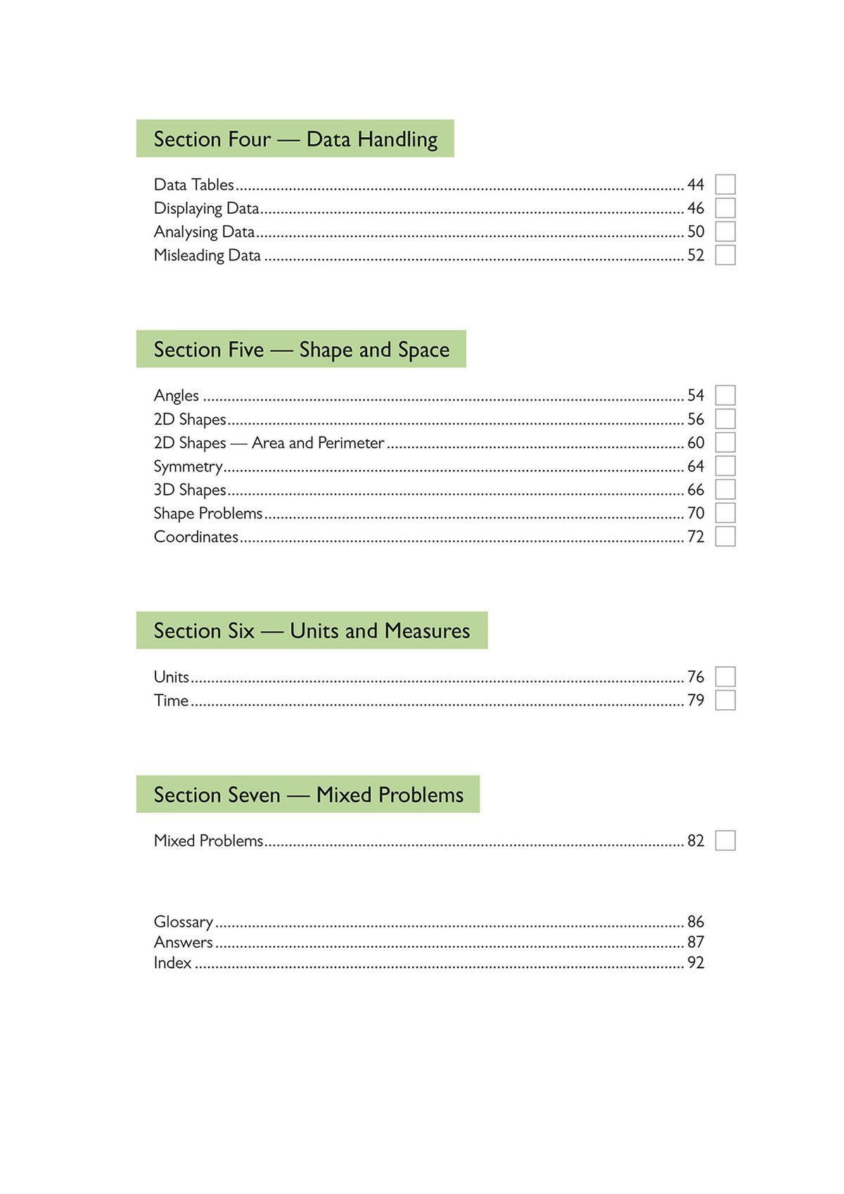 Detailed contents pages showing sections on Data Handling, Shape and Space, Units and Measures, and Mixed Problems