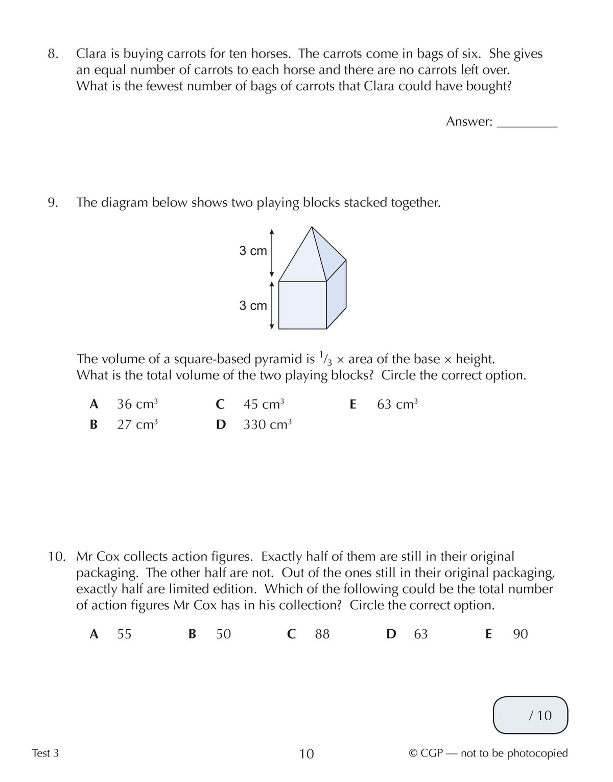 Sample test page showing word problems with diagrams and multiple-choice answers