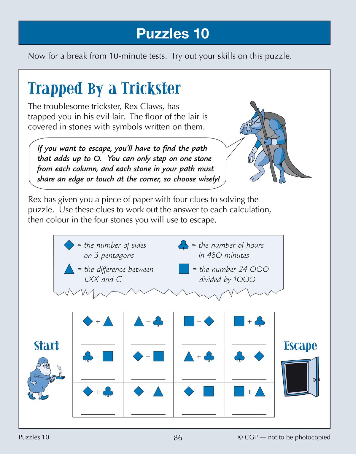 Puzzle page featuring a grid-based maths challenge with illustrated characters