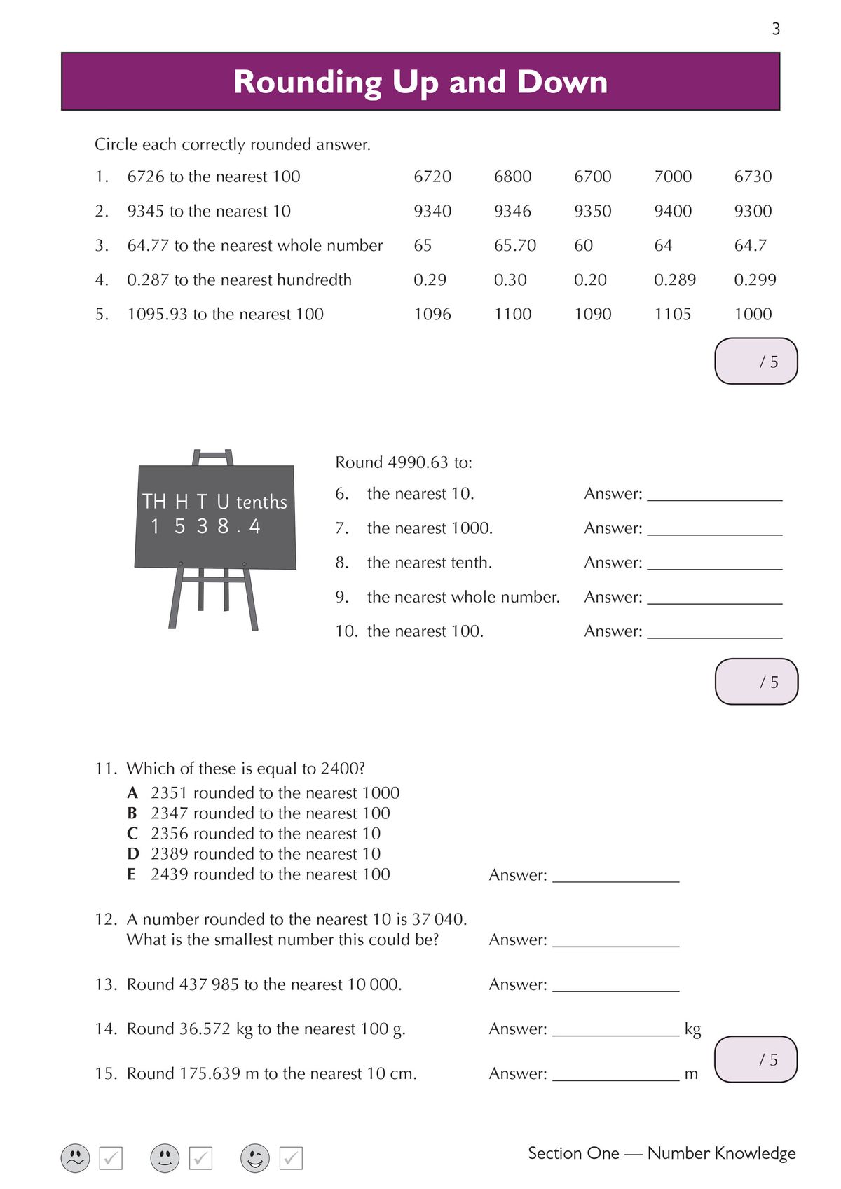 Rounding up and down multiple-choice and written questions from the workbook