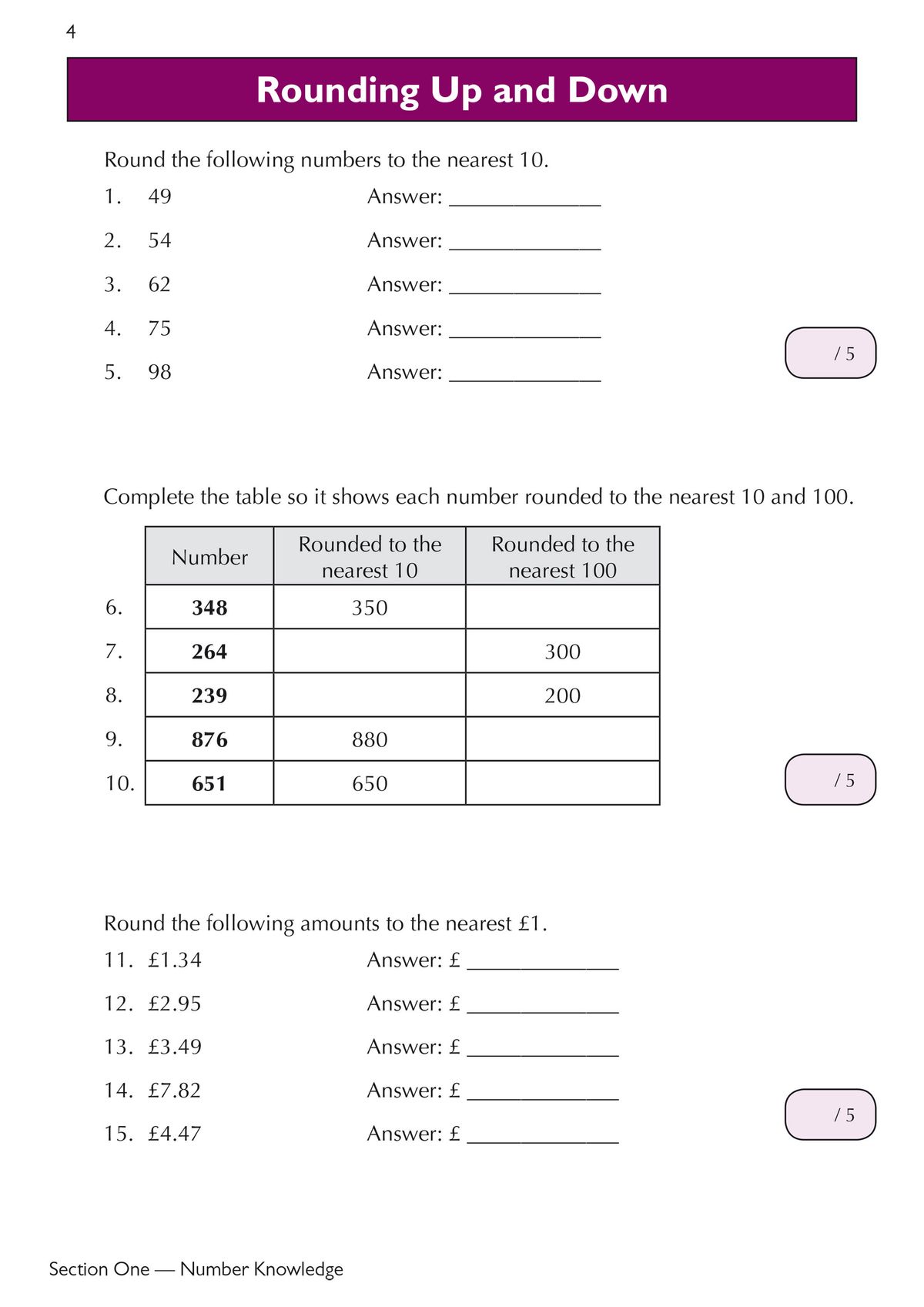 Sample page from the GL 11+ Maths Workbook showing rounding exercises with tables and number problems