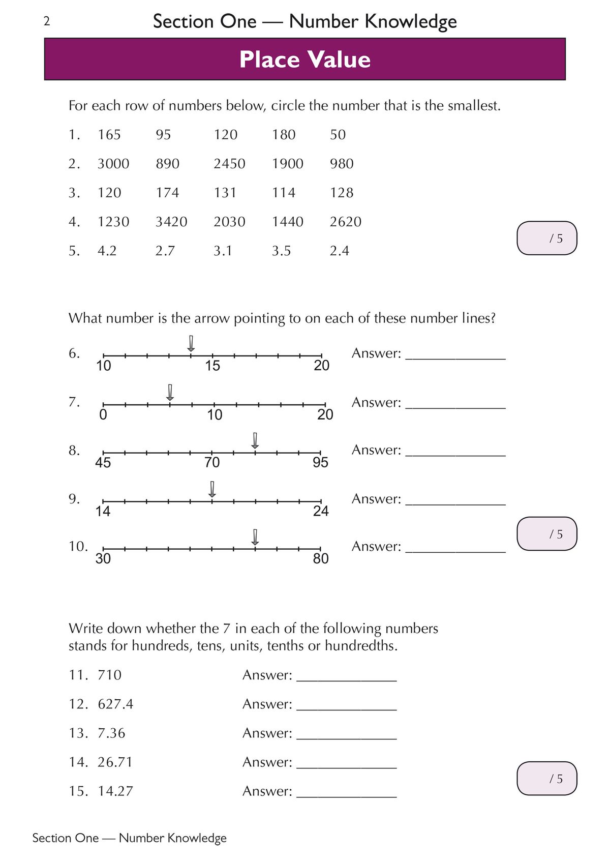 Sample page showing place value and number line questions from the GL 11+ Maths Workbook