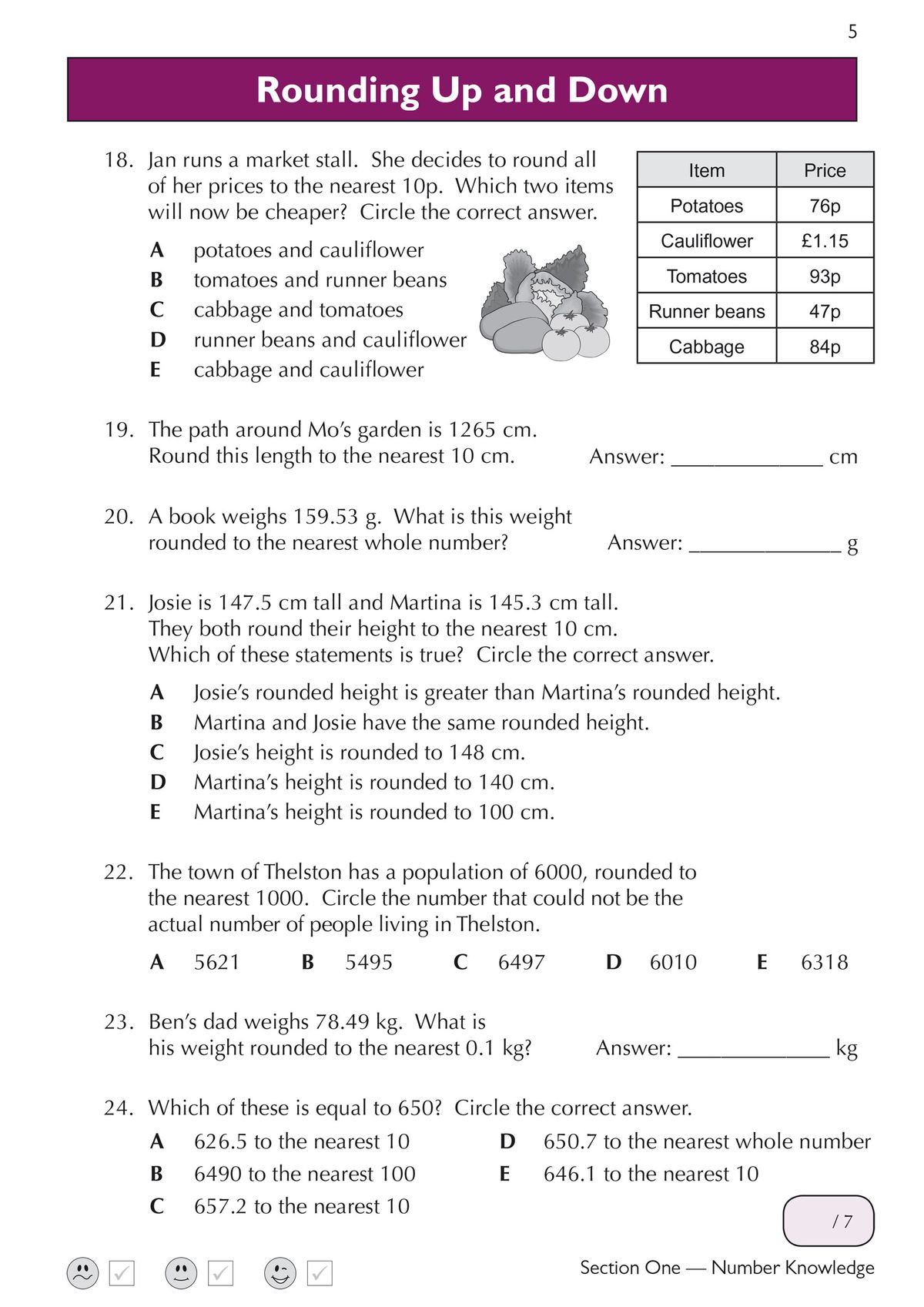 Sample page showing rounding, multiple-choice questions and word problems from the GL 11+ Maths Workbook