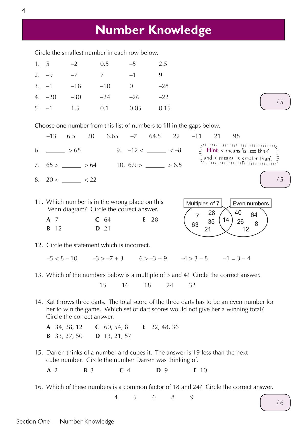 Workbook page showing circling exercises, inequality problems, and Venn diagram question with answer spaces