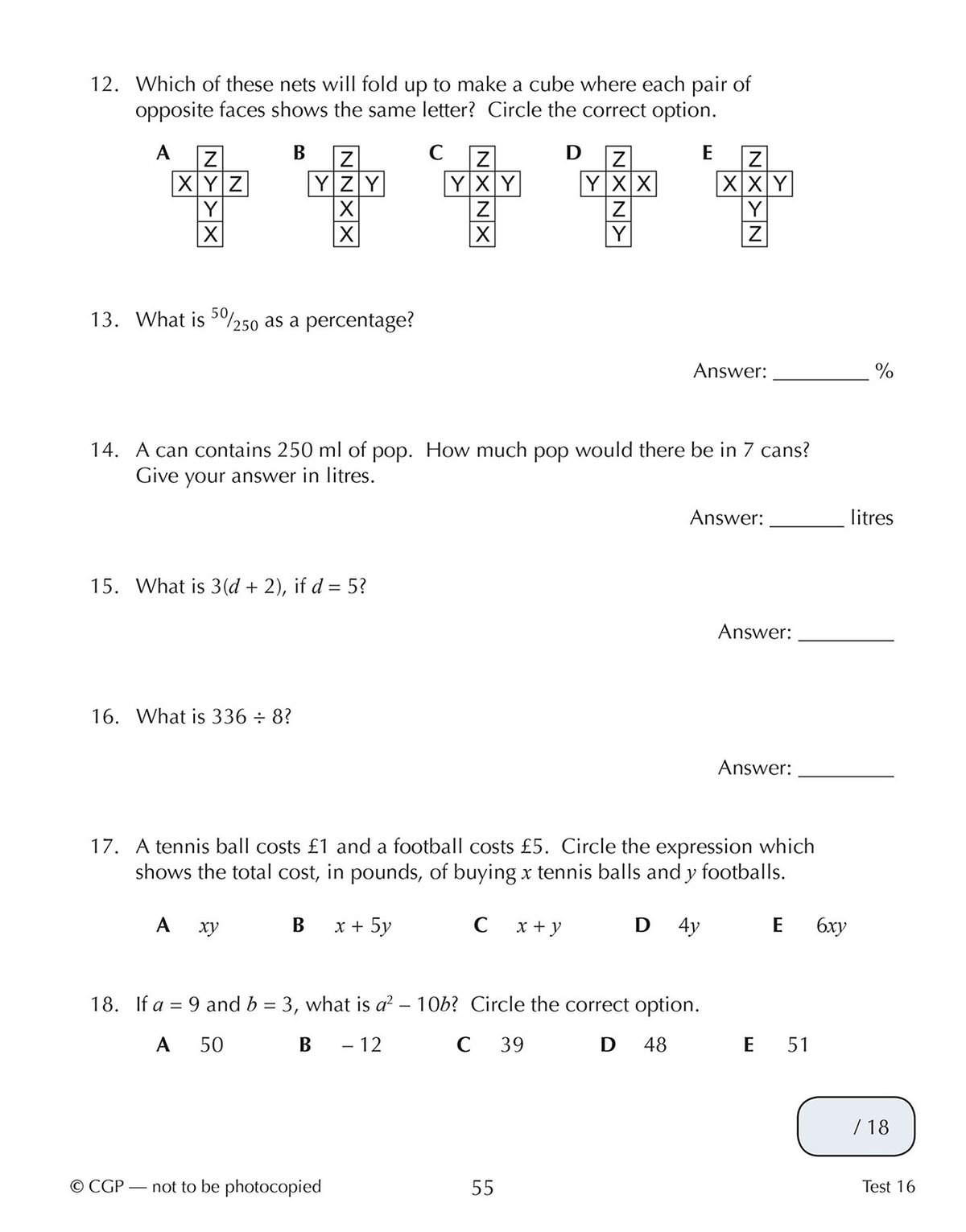 Sample test page showing timed 10-minute mental arithmetic questions