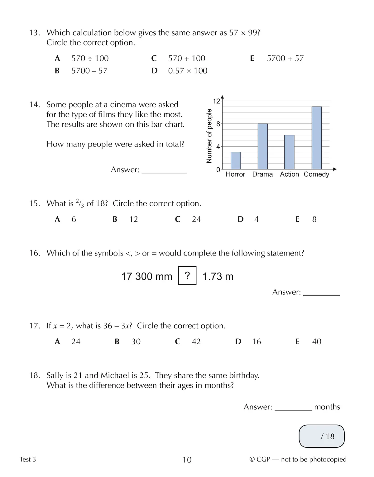 Sample page from the GL 11+ Mental Arithmetic test book showing a variety of mental maths questions
