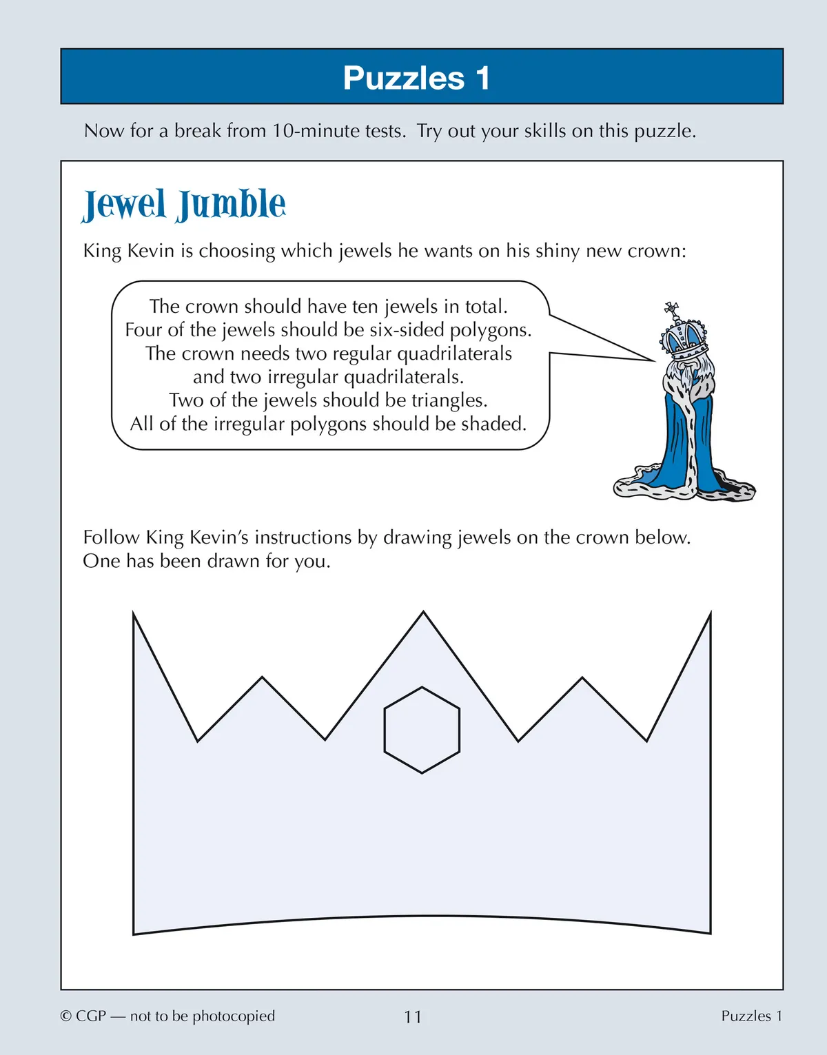 Puzzle page from the book showing a geometry-based activity with shapes and instructions