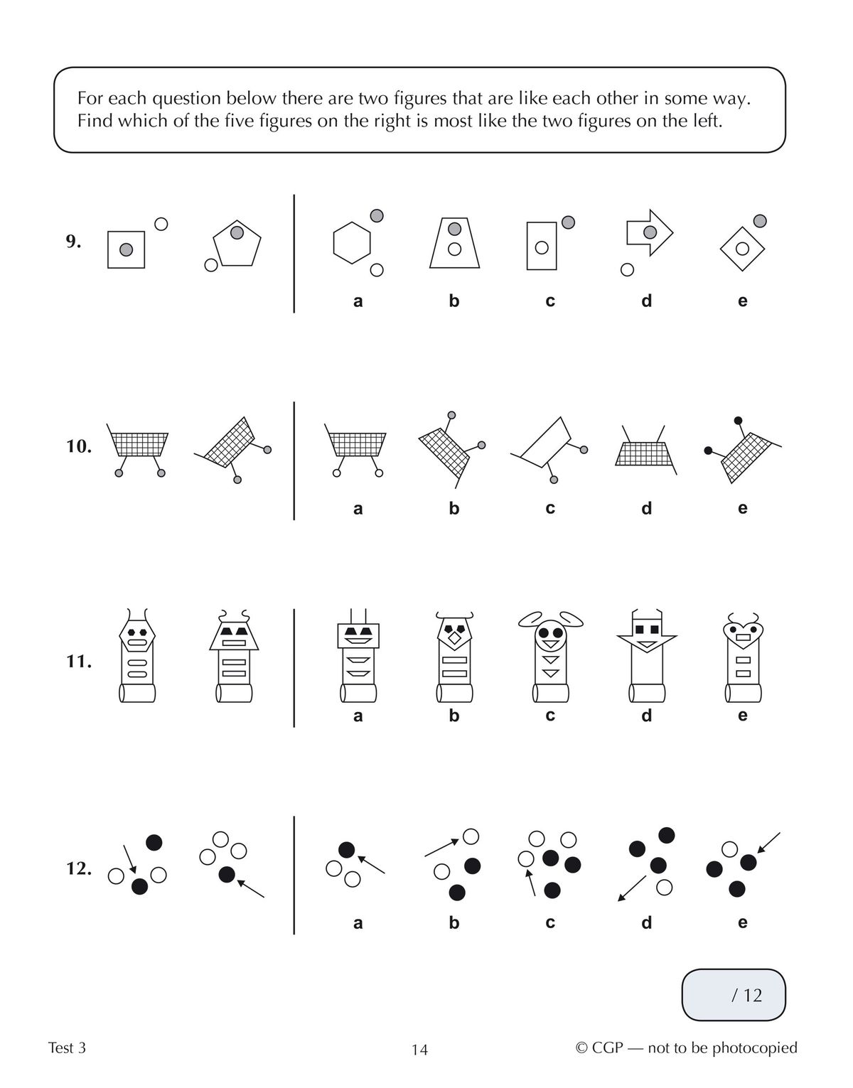 Sample test page showing non-verbal reasoning questions with multiple choice answers